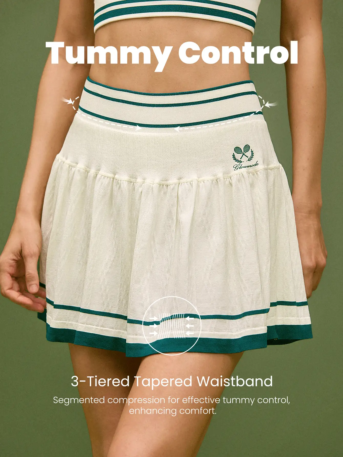 GLOWMODE 保持势不可挡 第二层肌肤 无缝吸汗速干收腹内置短裤 侧袋 双色褶裙 低冲击网球 高尔夫 匹克球 日常休闲装 - 白色 - 查看 3