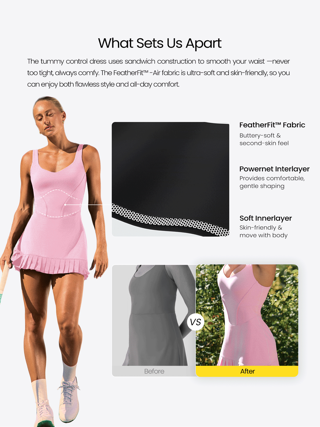 GLOWMODE FeatherFit™-Air 双倍速柔软弹力吸汗褶裥迷你裙，内置短裤侧袋，防滑设计，收腹提臀，露背连体衣，适合低冲击网球、高尔夫、匹克球等运动，日常休闲穿着。 - 粉色 - 查看 4