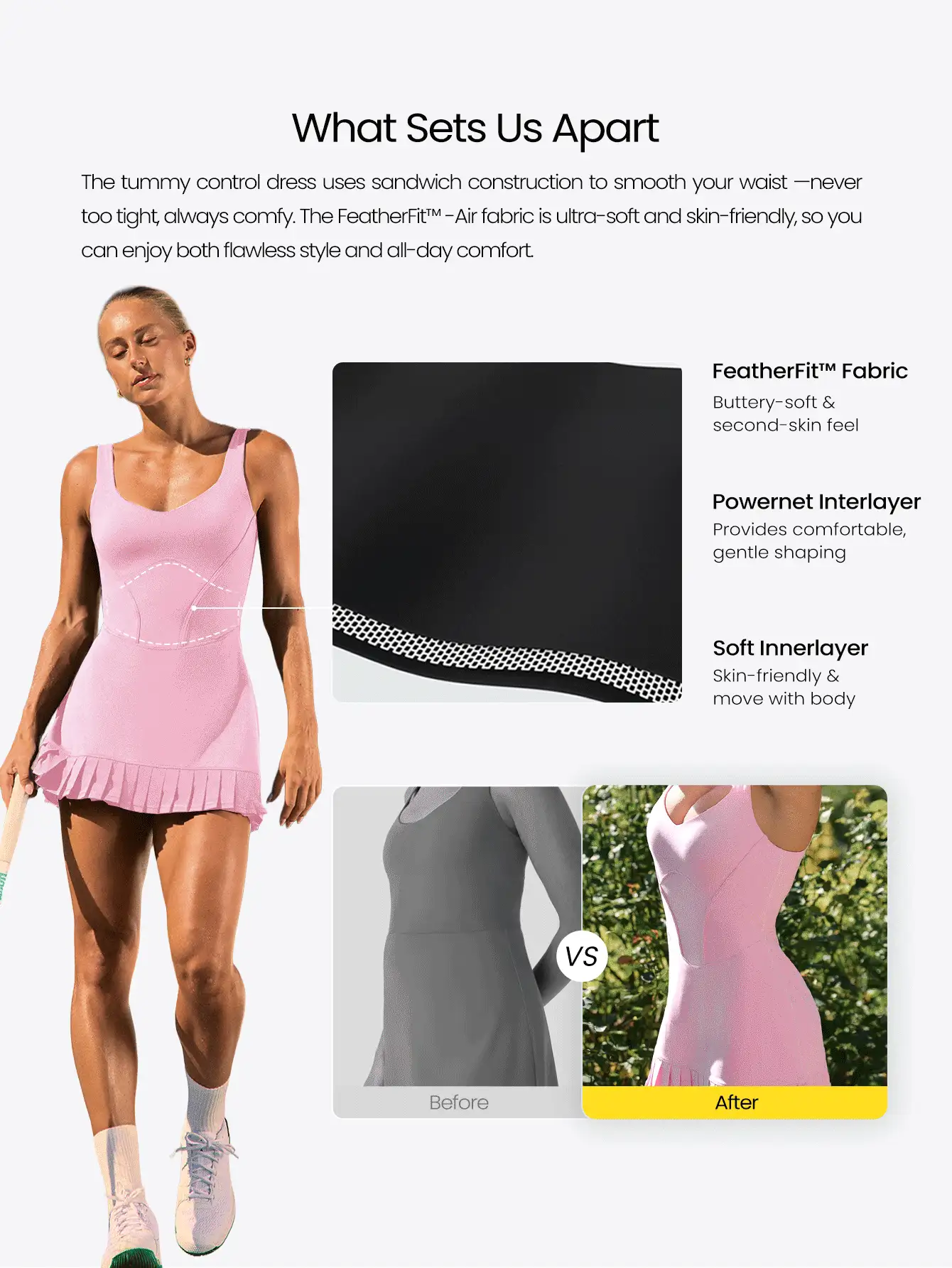 GLOWMODE FeatherFit™-Air 双倍速柔软弹力吸汗褶裥迷你裙，内置短裤侧袋，防滑设计，收腹提臀，露背连体衣，适合低冲击网球、高尔夫、匹克球等运动，日常休闲穿着。 - 粉色 - 查看 4