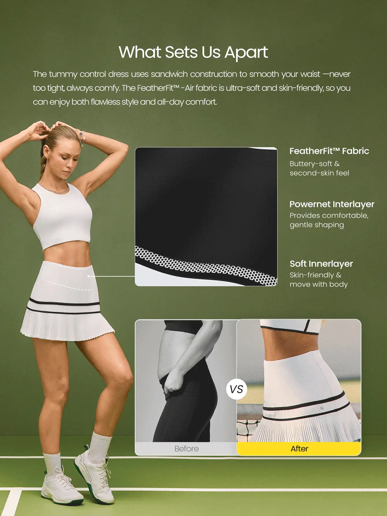 FeatherFit™-Air Easy Serve Lightweight Buttery-Soft Quick-Dry Sweat-Wicking Sports Bra & Built-In Shorts Pleated Mini Tennis Skirt Light Support Low Impact Tennis Golf Pickleball Daily Casual Wear