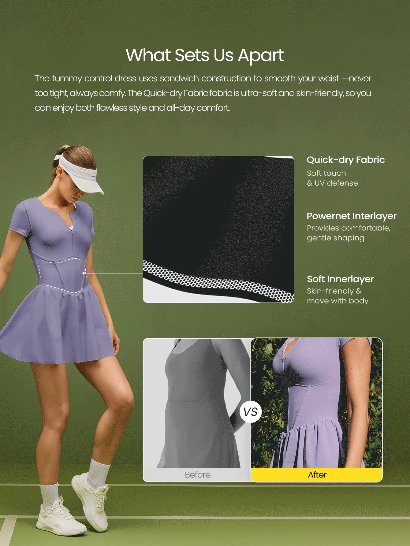 GLOWMODE Ace The Day 半拉链门襟收腹内置短裤短袖侧袋防滑握把网球裙低冲击网球高尔夫匹克球日常休闲装 - 紫丁香色 - 查看 2