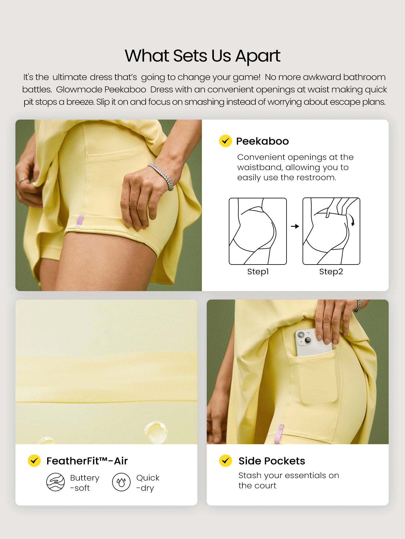 GLOWMODE FeatherFit™-Air 露肩迷你连衣裙，内置短裤，口袋方领，防滑交叉设计，轻度支撑，低冲击，速干吸湿，适合春夏穿着。 - French Vanilla - 查看 2