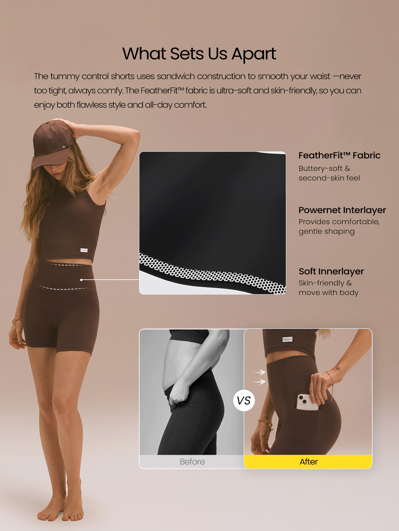 GLOWMODE 6英寸 FeatherFit™ 弹力紧身运动短裤，如黄油般柔软，吸汗透气，无缝设计，前部收腹，高腰侧袋，防滑，适合骑行、瑜伽、普拉提、室内骑行、健身房锻炼和日常运动穿着。 - 棕色 - 查看 3
