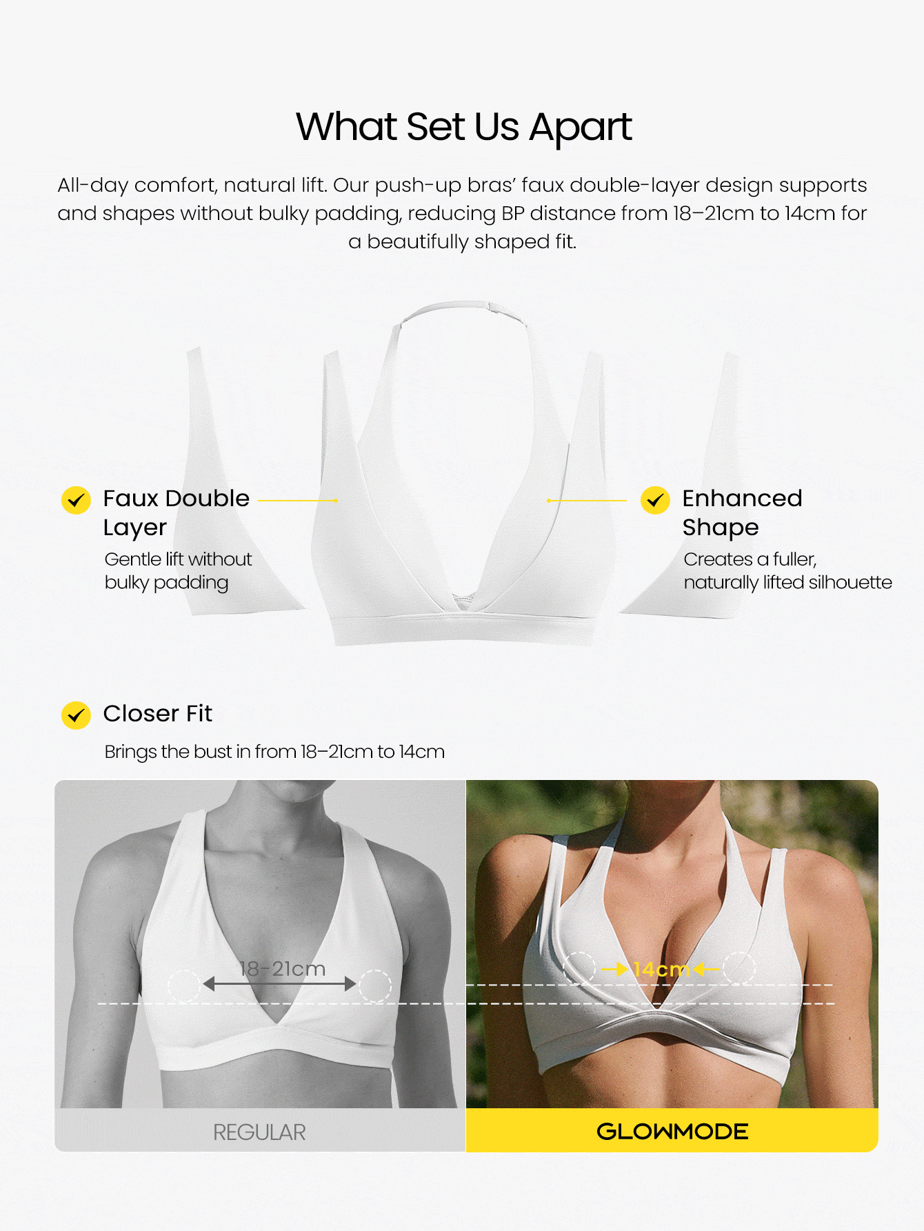 GLOWMODE FeatherFit™-Sculpt Double Glow Buttery-Soft Stretchy Compressive Removable Cups Push-Up Adjustable Halterneck 2 In 1 Style Sports Bra Medium Impact Training Running Workout Gym Wear - White - View 3