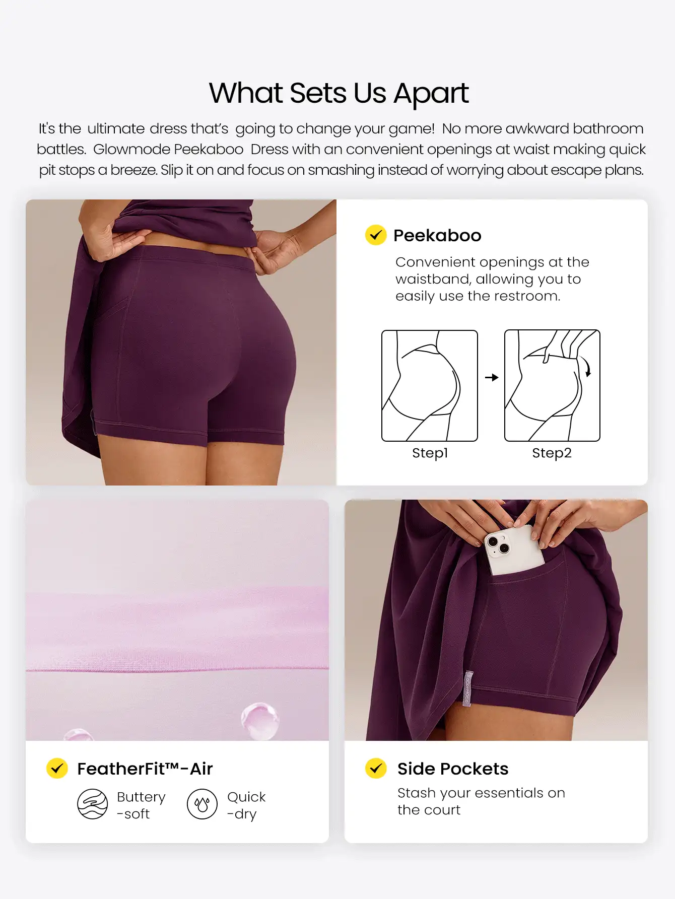 GLOWMODE Gaun Mini FeatherFit™-Air Peekaboo dengan Saku Celana Pendek Terintegrasi, Desain Silang Anti-Selip, Dukungan Ringan, Dampak Rendah, Cepat Kering, Menyerap Kelembapan, Cocok untuk Musim Semi. - Purple - View 2