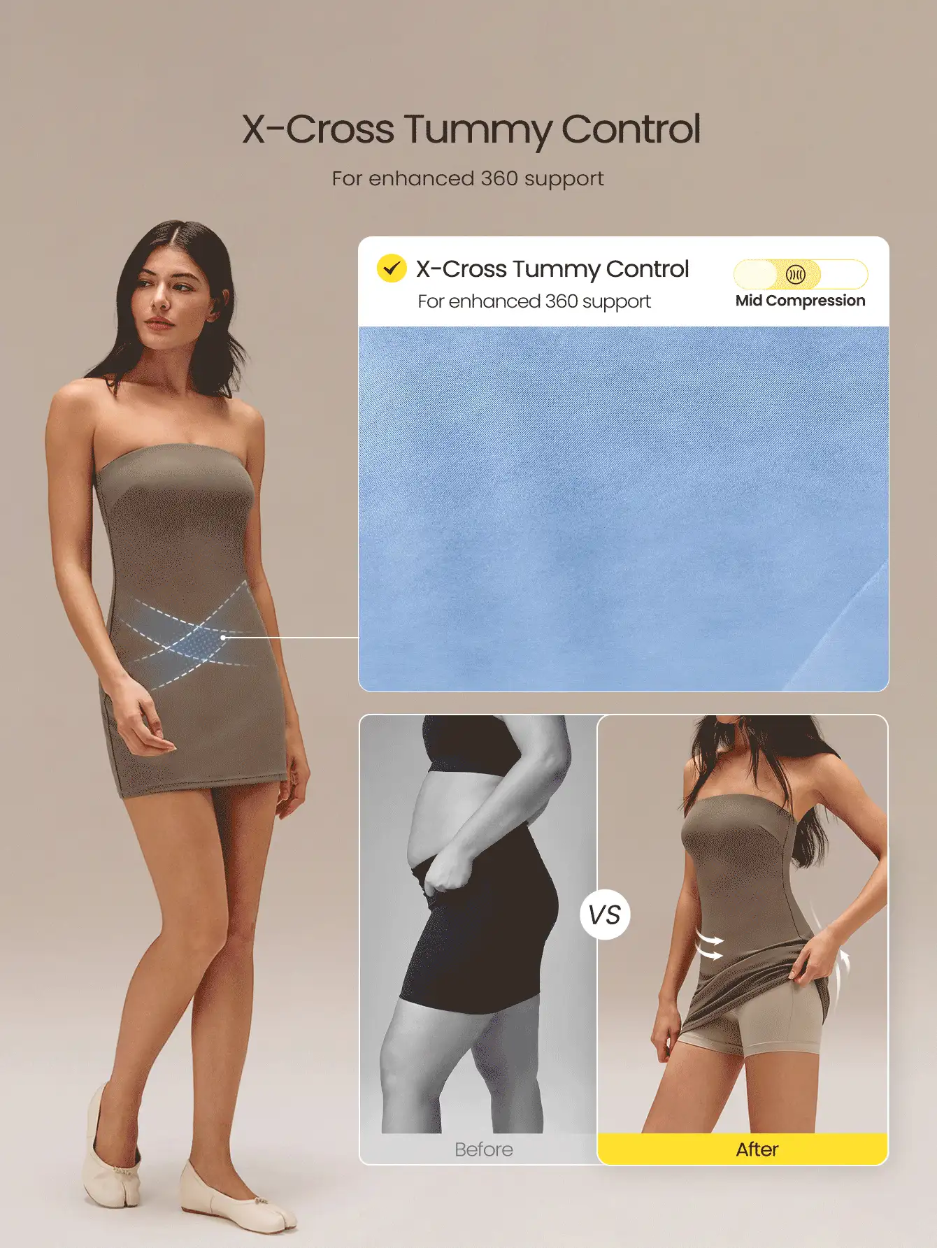 GLOWMODE Lounge & Play Seamless Sweat-Wicking Quick-Drying Sun Protection Removable Cups Built-In Shaping Shorts Tummy Control Butt-Lifting Strapless Dress Daily Casual Wear - Khaki - View 3