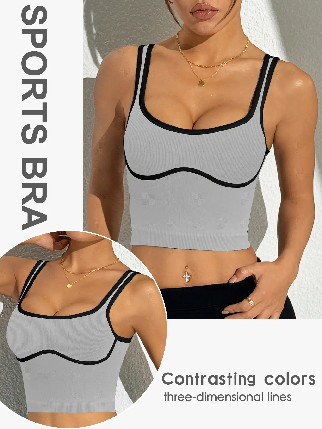 Slayform Contrast Trim Scoop Neck Fashionable Backless Sports Tank Top For Summer - Flint Stone - View 2