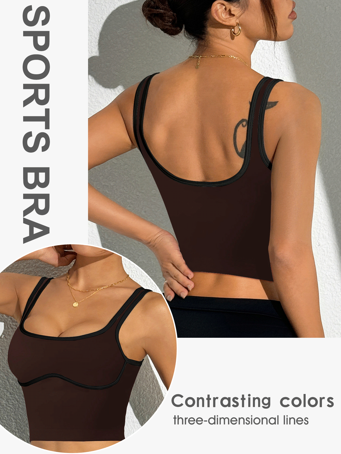 Slayform 女士撞色包边短款运动背心，适合瑜伽、骑行、网球等运动 - 可可 - 查看 2