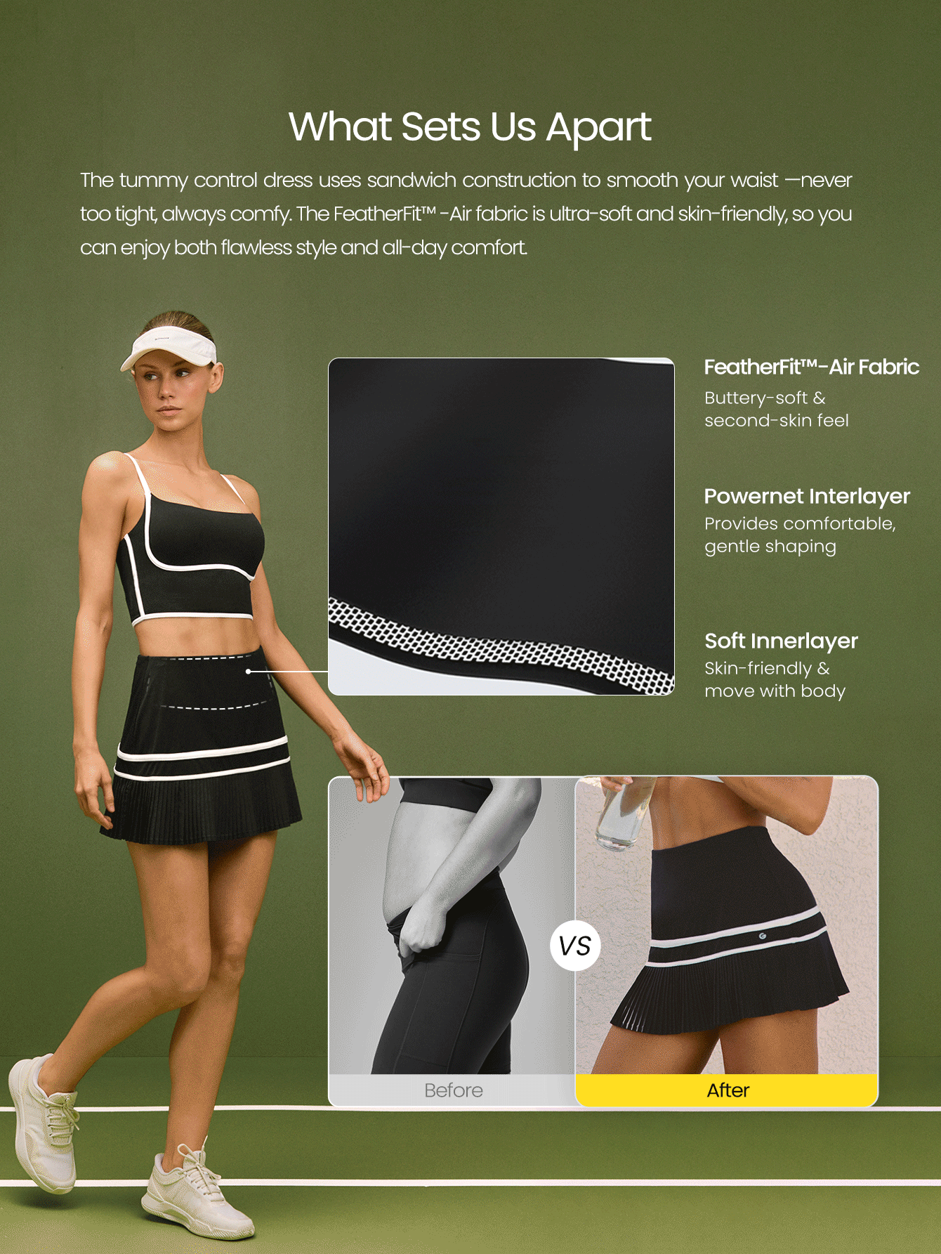 GLOWMODE FeatherFit™-Air 轻盈如丝般柔软的速干吸汗运动文胸及内置短裤，搭配褶裥迷你网球裙，轻度支撑，低冲击运动，适合网球、高尔夫、匹克球等运动，日常休闲穿着。 - 黑色 - 查看 2