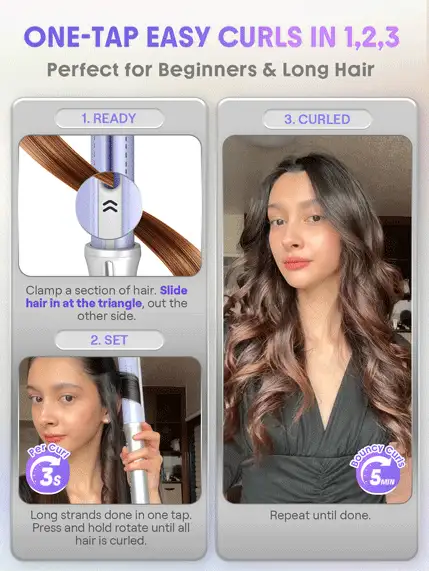 SHEGLAM HAIR Máy uốn tóc One Touch Airflow Styler Pro-32mm màu bạc tím, máy uốn tóc tự xoay bằng khí lạnh, tạo kiểu nhanh trong 5 phút, luồng khí lạnh 360°, thao tác một chạm, kết quả lâu dài, 5 mức nhiệt độ và chống bỏng, tự động tắt, điện áp kép, phù hợp cho tóc dài vừa và tóc dài, mọi loại tóc - Phích cắm US Sinh nhật Quà Ngày lễ Hồng Rung cảm Trang điểm Du lịch Trường học Lễ hội Hoa hồng Hiện tại Con gái Sự quyến rũ chăm sóc tóc Ngày của Mẹ Si mê Thời trang Tiệc Rave - Bạc - Xem 4