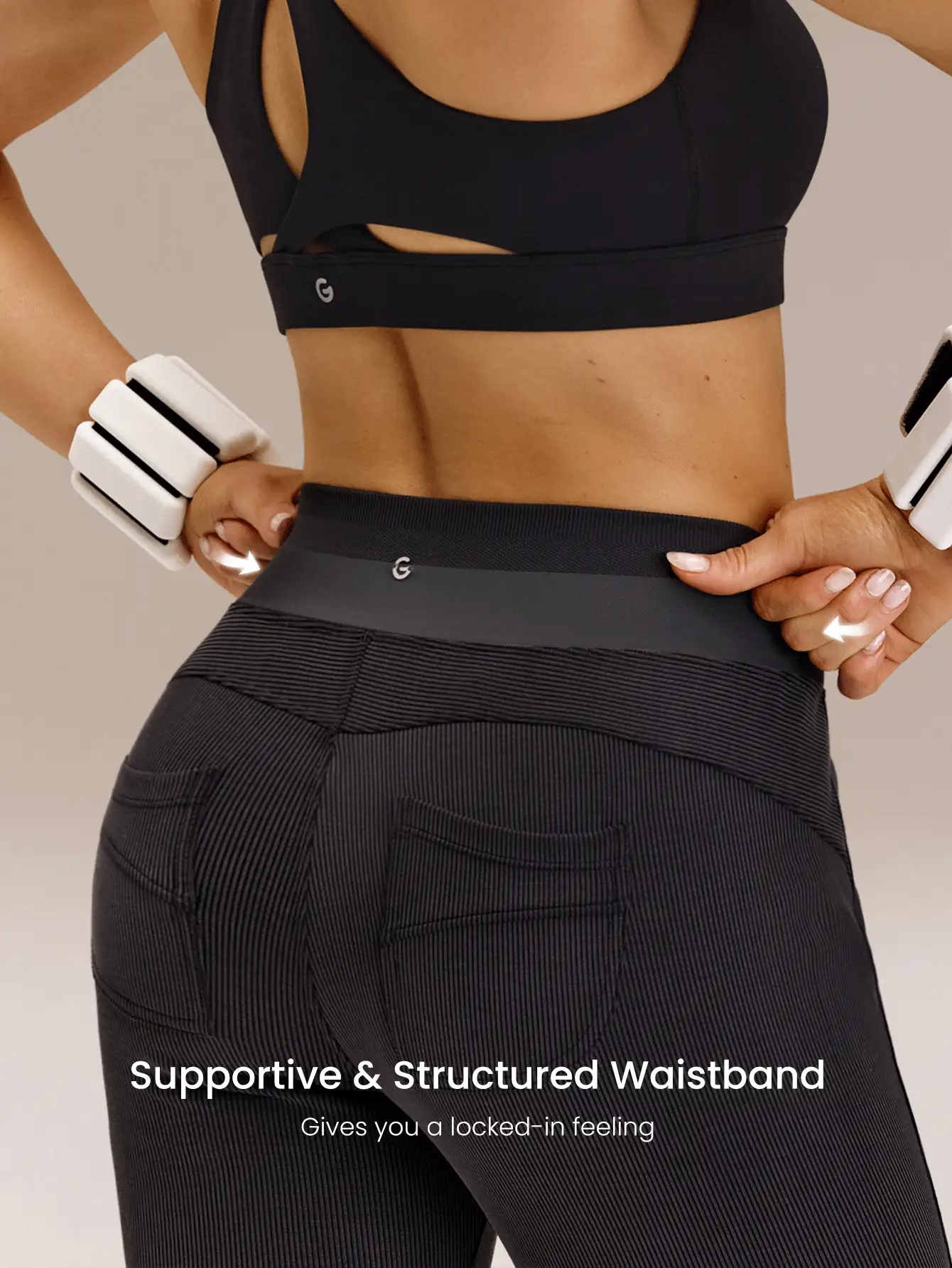 GLOWMODE 莫代尔罗纹镂空亮面无缝腰后口袋喇叭紧身裤，中等强度，适合健身房锻炼、日常休闲穿着 - 黑色 - 查看 3