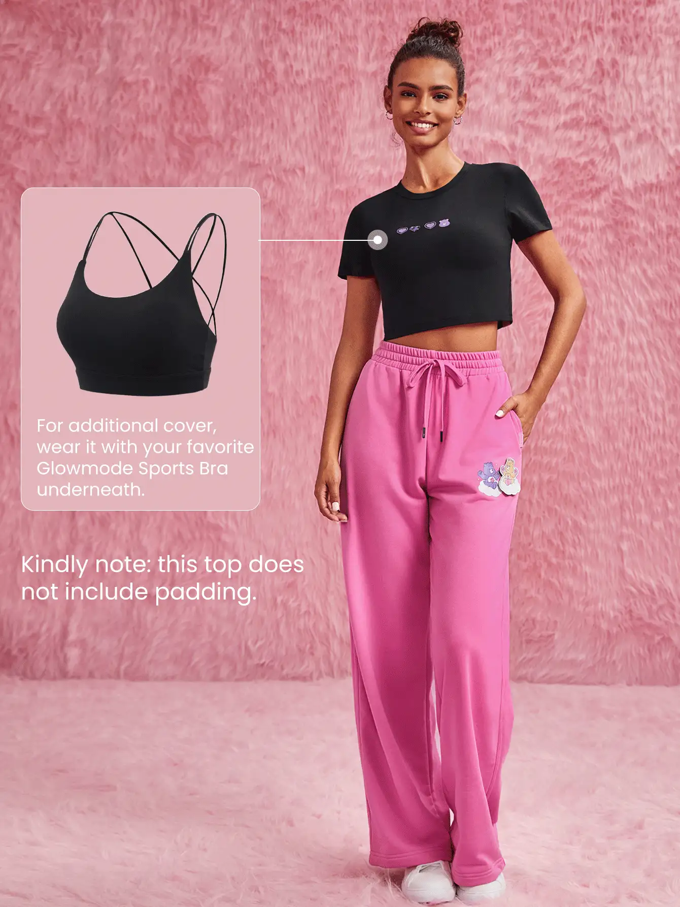 GLOWMODE X Care Bears™ Pima棉刺繡修身短款T卹，日常休閒 - 黑色 - 查看 6