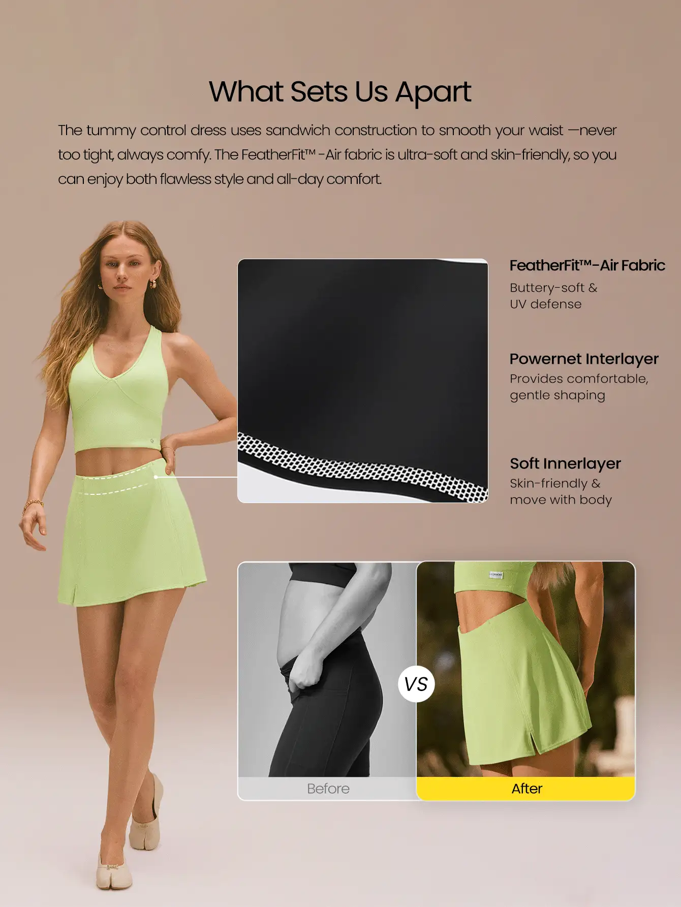 GLOWMODE Court Confidence Tummy Control Side-Split Hem Built-In Shorts Non-Slip Grips A-Line Mini Tennis Skirt Tennis Golf Pickleball Daily Casual Wear - Mint Green - View 2