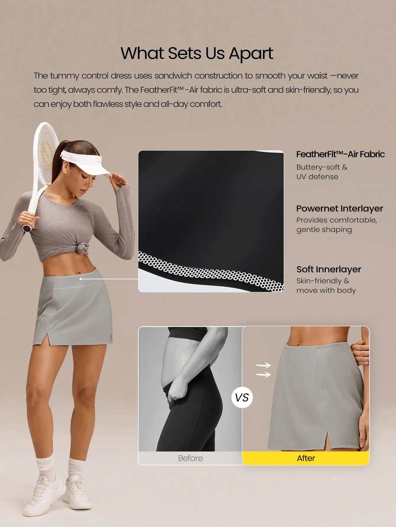 GLOWMODE 球场自信收腹侧开衩下摆内置短裤防滑A字迷你网球裙网球高尔夫匹克球日常休闲装 - 灰色 - 查看 2