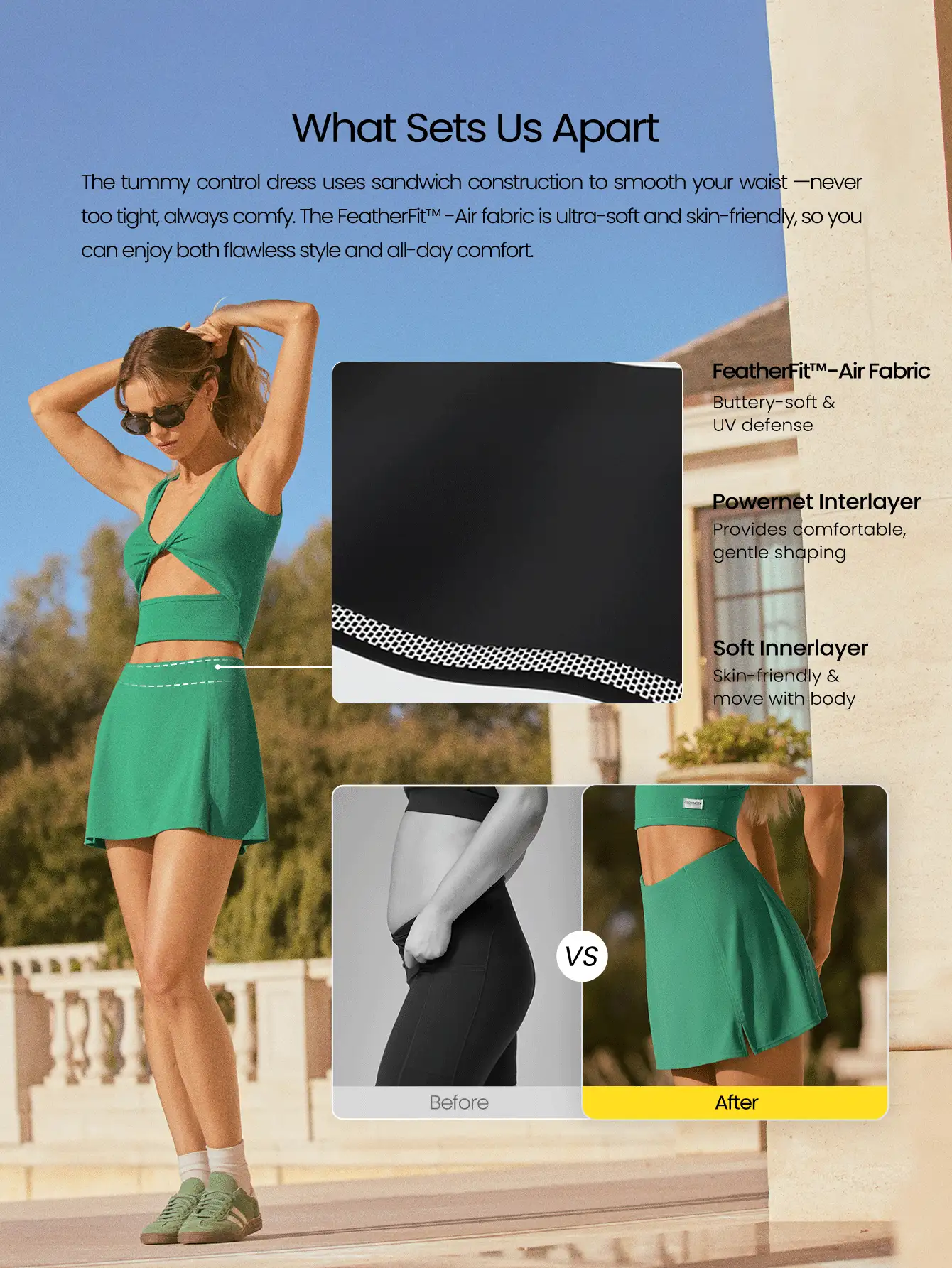 GLOWMODE Váy tennis mini dáng chữ A Court Confidence với chức năng kiểm soát vòng bụng, xẻ tà bên hông và quần short tích hợp, đế chống trượt, thích hợp cho tennis, golf, pickleball và các hoạt động thường ngày. - màu xanh lá - Xem 2