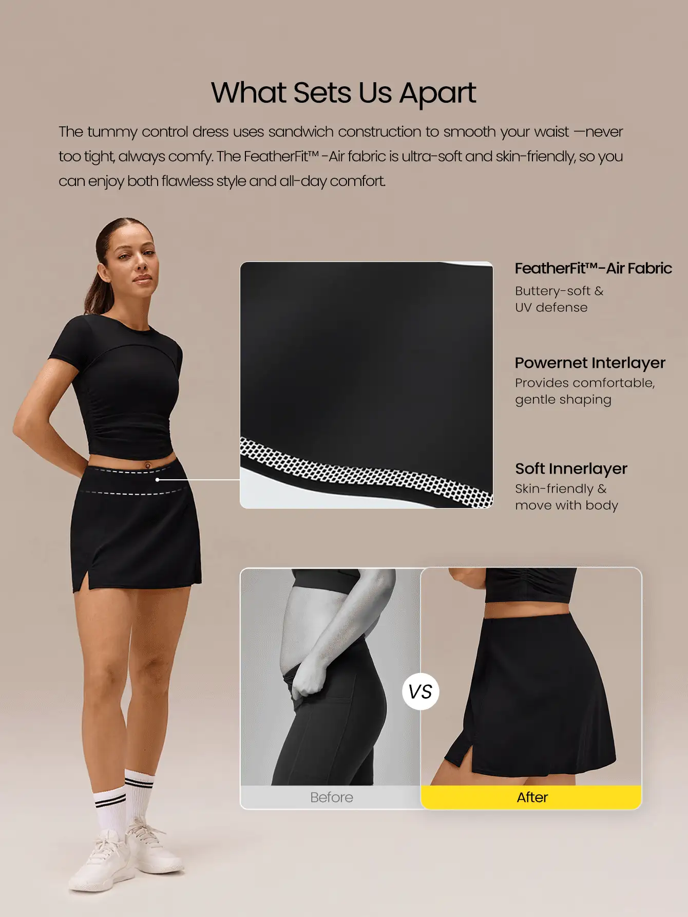 GLOWMODE Court Confidence Tummy Control Side-Split Hem Built-In Shorts Non-Slip Grips A-Line Mini Tennis Skirt Tennis Golf Pickleball Daily Casual Wear - Black - View 2