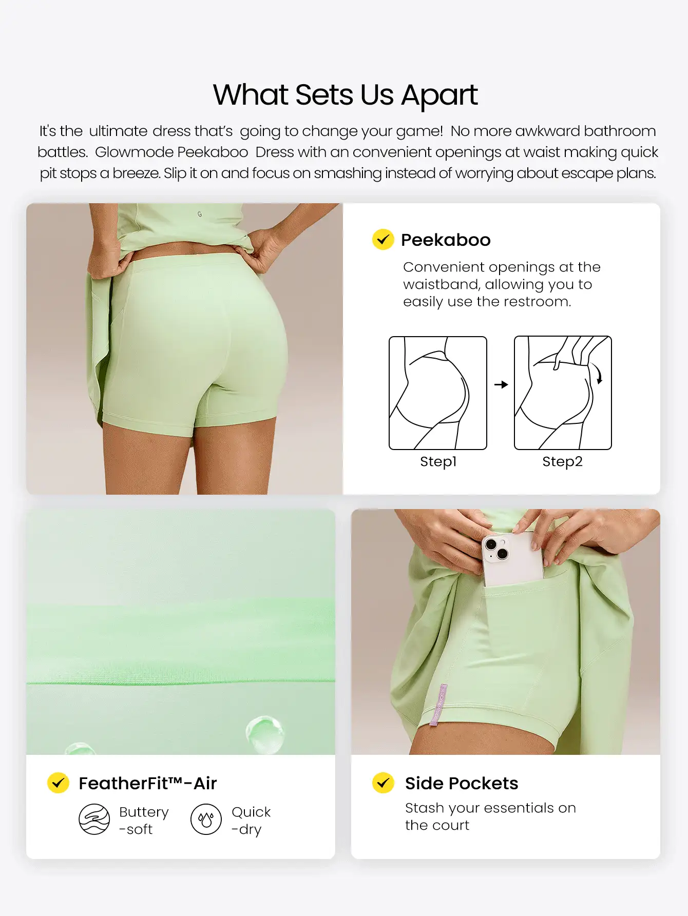 GLOWMODE FeatherFit™-Air Peekaboo Mini Dress With Built-In Shorts Pocket Square Neck Anti-Slip Crisscross Quick Dry Moisture Wicking Spring - Hunter Green - View 2