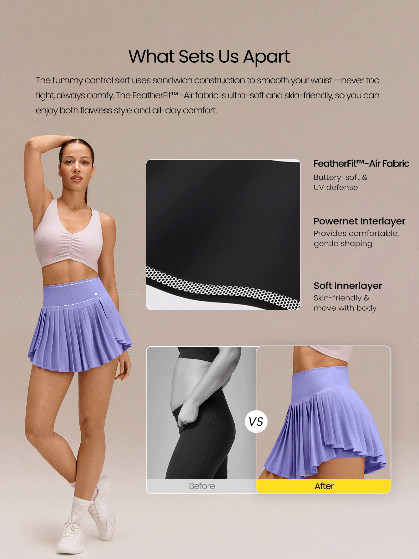 GLOWMODE Váy tennis xếp ly Ace Flex kiểm soát vòng bụng với quần short tích hợp và túi bên hông, thích hợp cho tennis, golf và mặc hàng ngày. - Sương mù hoa oải hương - Xem 2