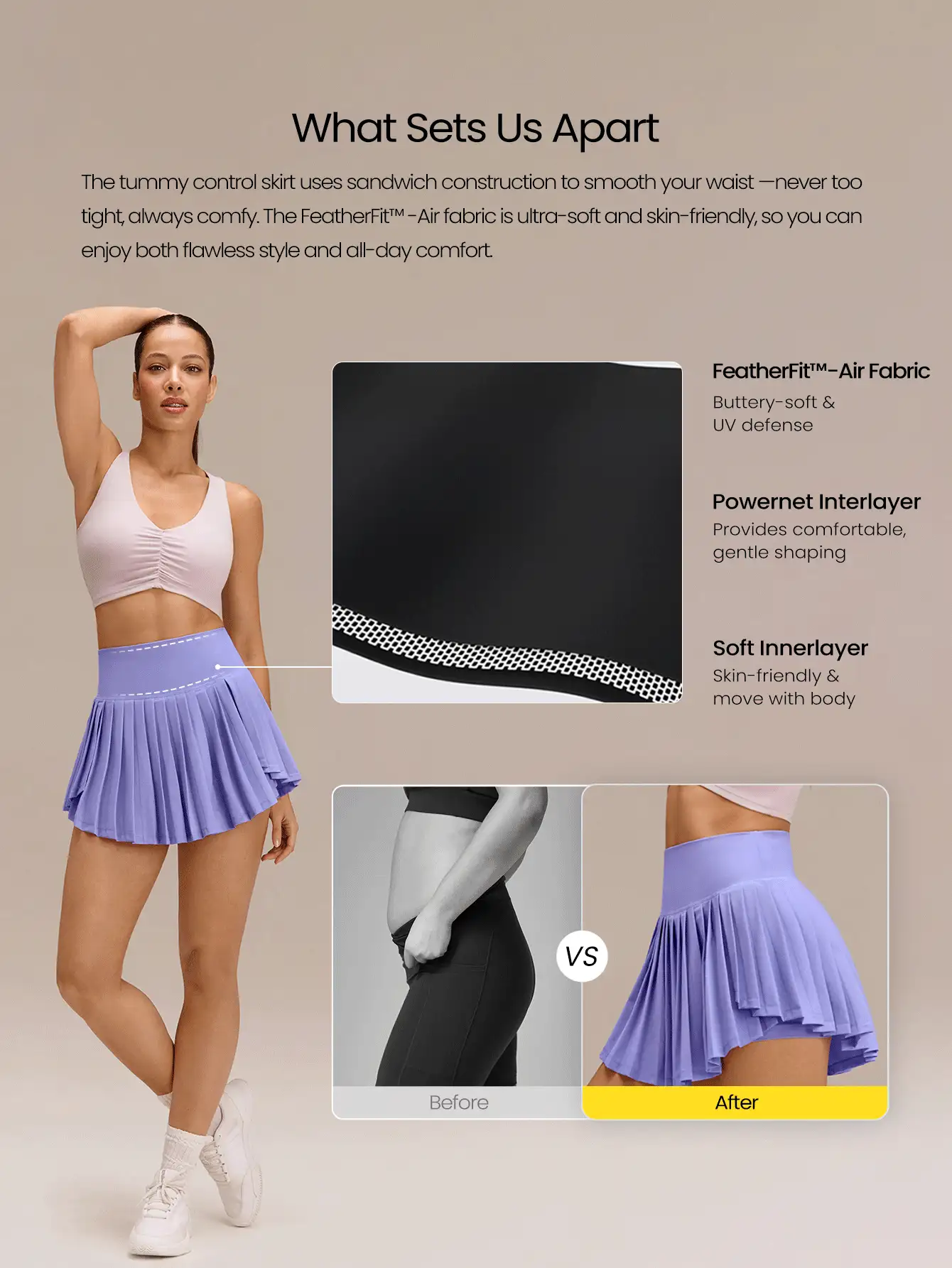 GLOWMODE Váy tennis xếp ly Ace Flex kiểm soát vòng bụng với quần short tích hợp và túi bên hông, thích hợp cho tennis, golf và mặc hàng ngày. - Sương mù hoa oải hương - Xem 2