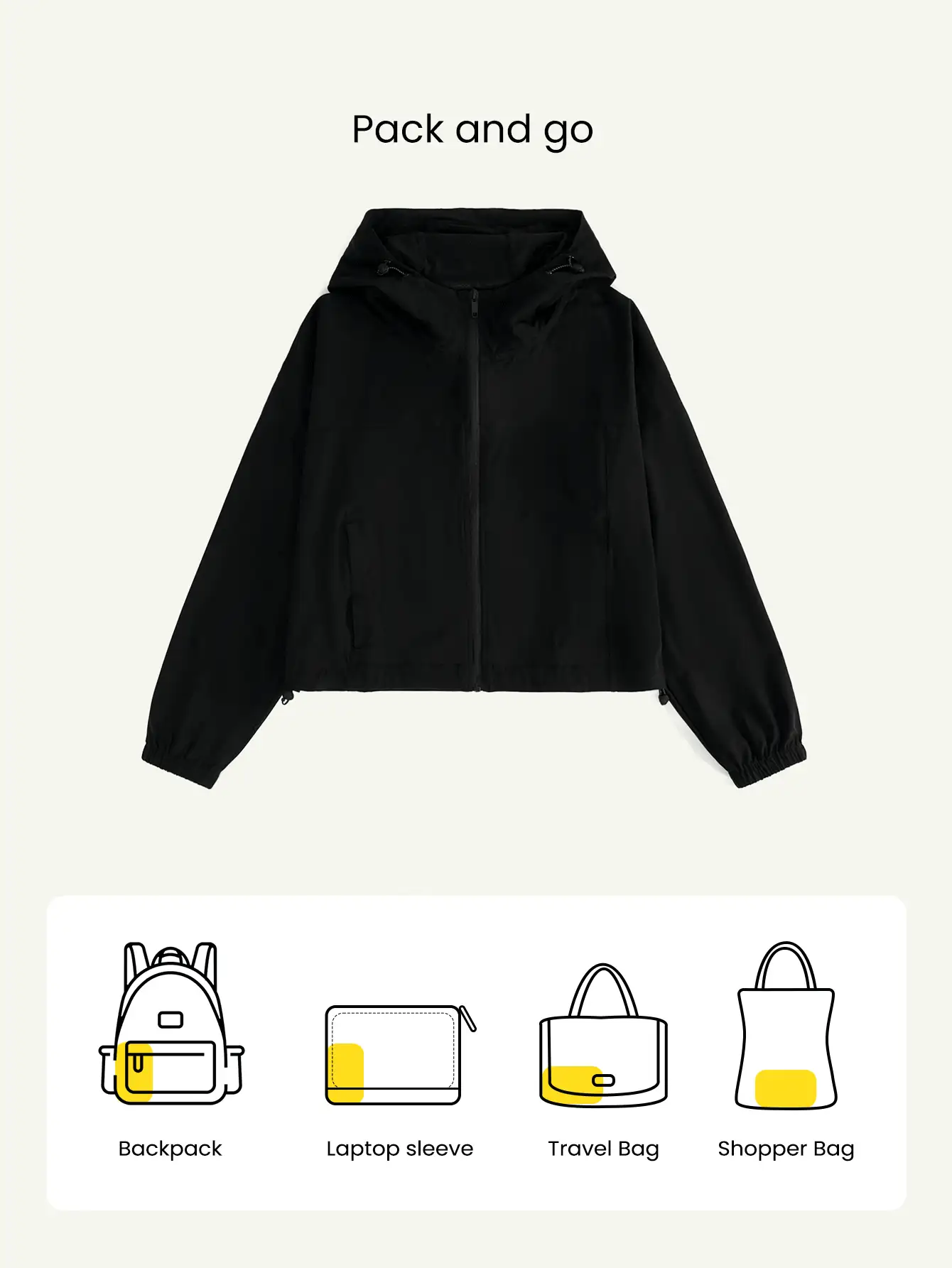 Steady Strides Waist-Length Sunproof Water-Resistant Drawstring Side Pockets Relaxed Fit Zip-Up Packable Hoodie Travel Running Jogging Outdoor Workout Gym Daily Active Wear