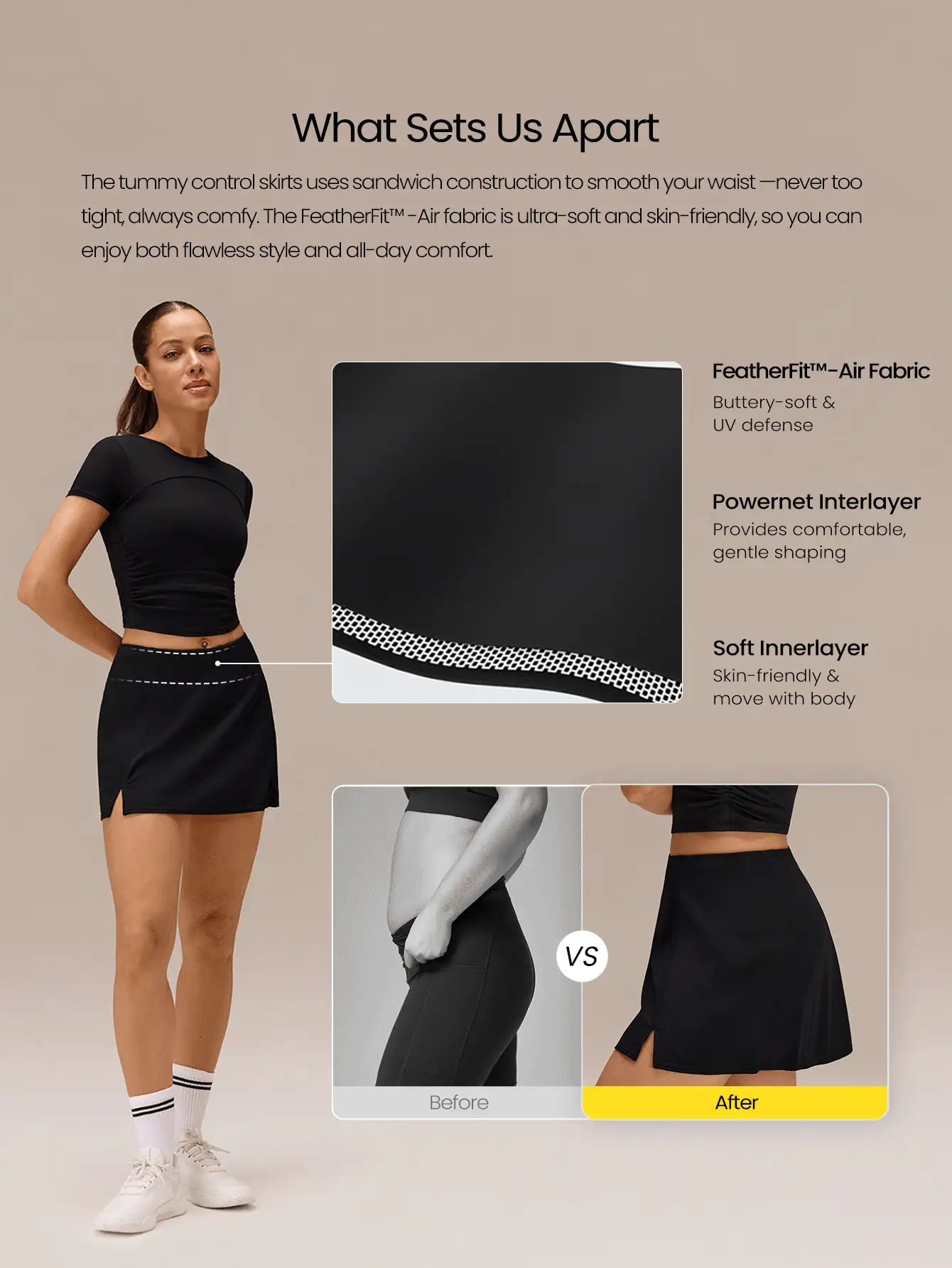 GLOWMODE Court Confidence Tummy Control Side-Split Hem Built-In Shorts Non-Slip Grips A-Line Mini Tennis Skirt Tennis Golf Pickleball Daily Casual Wear - Black - View 2