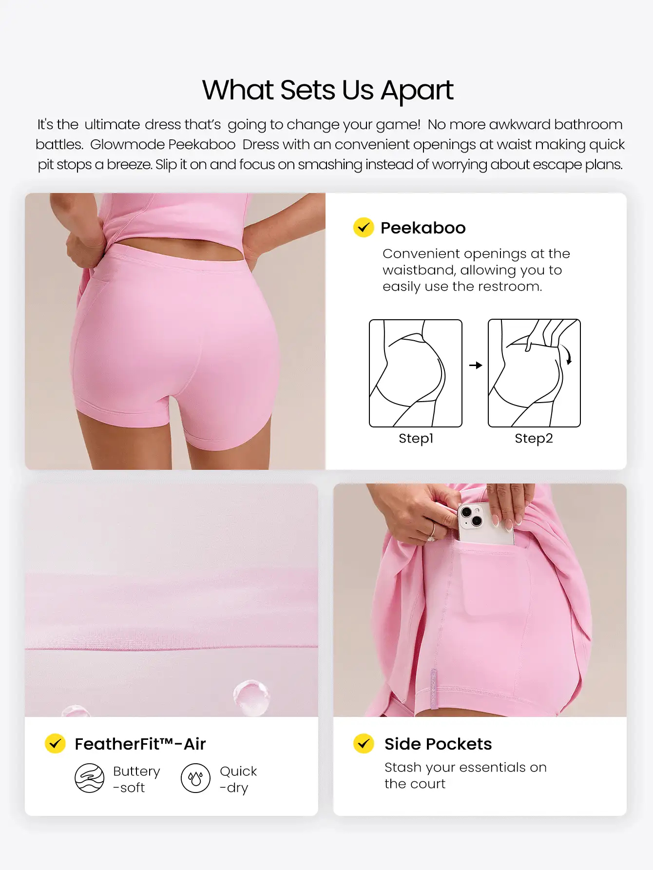GLOWMODE FeatherFit™-Air Elevate A-Line Built-In Peekaboo Short Pocket Mini Slip Dress Low Impact Daily Summer Quick Dry Moisture Wicking - Baby Pink - View 2