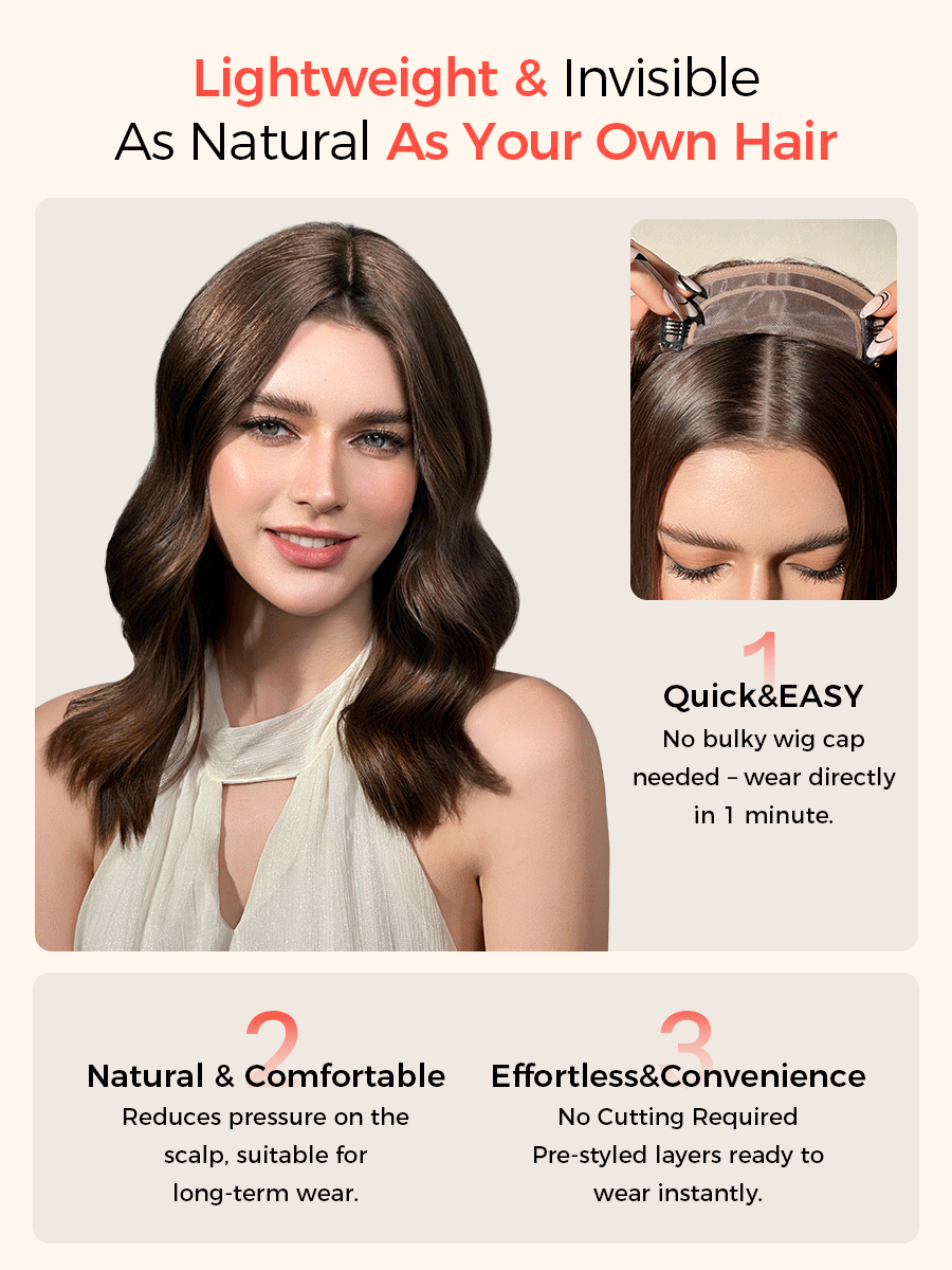 ZERO-NET 16英寸 6*6 大面积覆盖女士真人发片，佩戴方便，直发带刘海，适合头发稀疏者。 - SNatural - 查看 6