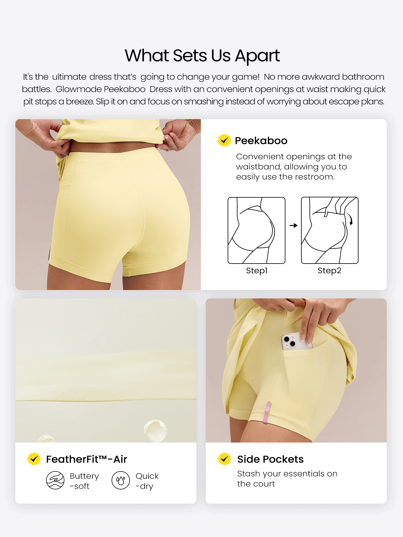 FeatherFit™-Air Peekaboo 日常内置短裤口袋防滑连衣裙 轻度支撑 低冲击瑜伽工作室春季连衣裙 夏季速干吸湿排汗 - French Vanilla - 查看 2