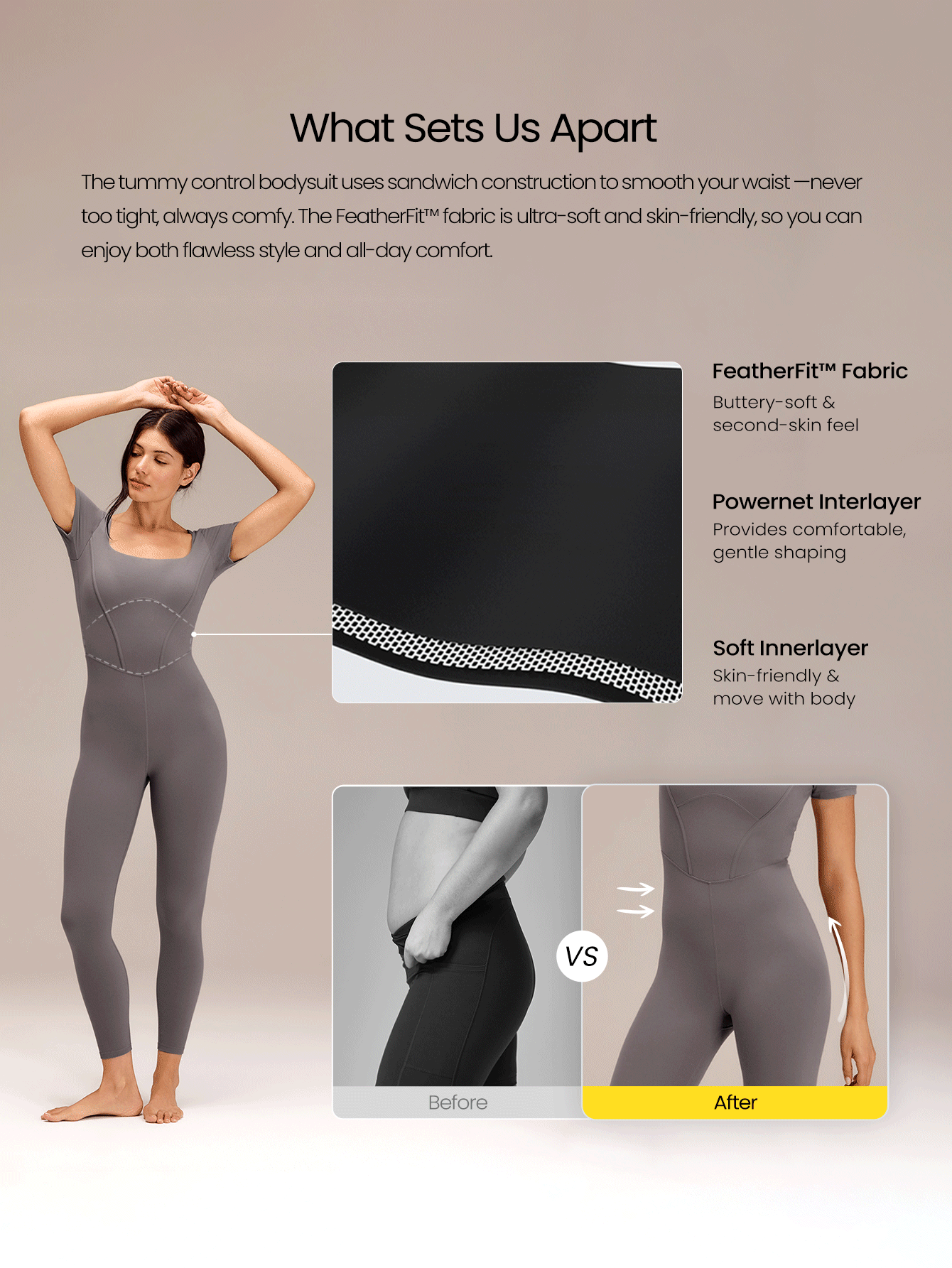 GLOWMODE 24" FeatherFit™ Tummy Control Open Back Gym Yoga Sports Jumpsuit Bodysuit Summer Elegant For Woman - Brown - View 2