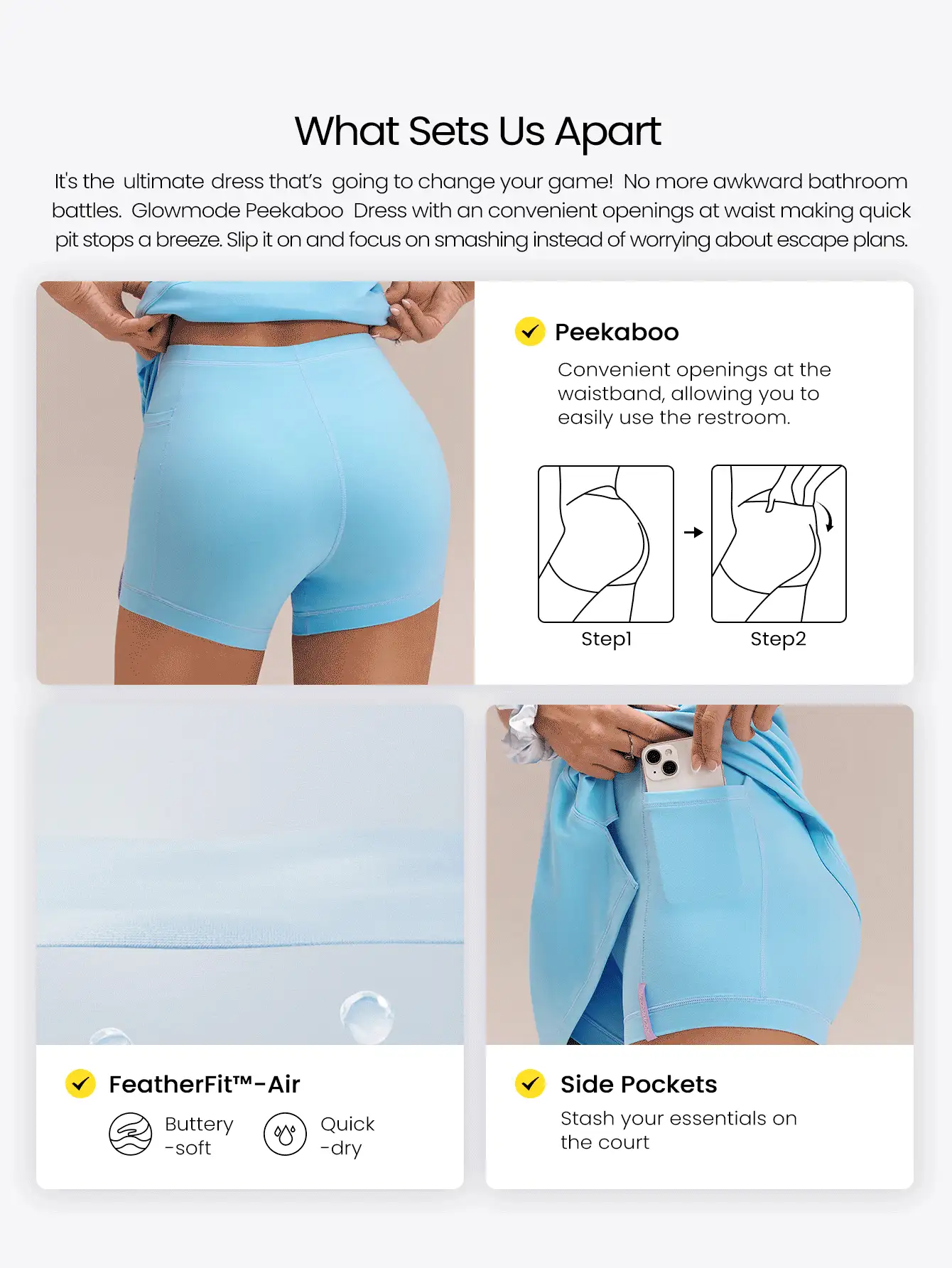 GLOWMODE FeatherFit™-Air Elevate A-Line Gaun Mini Slip dengan Kantong Pendek Tersembunyi, Nyaman untuk Aktivitas Harian Musim Panas, Cepat Kering, dan Menyerap Kelembapan - Biru Langit - View 2
