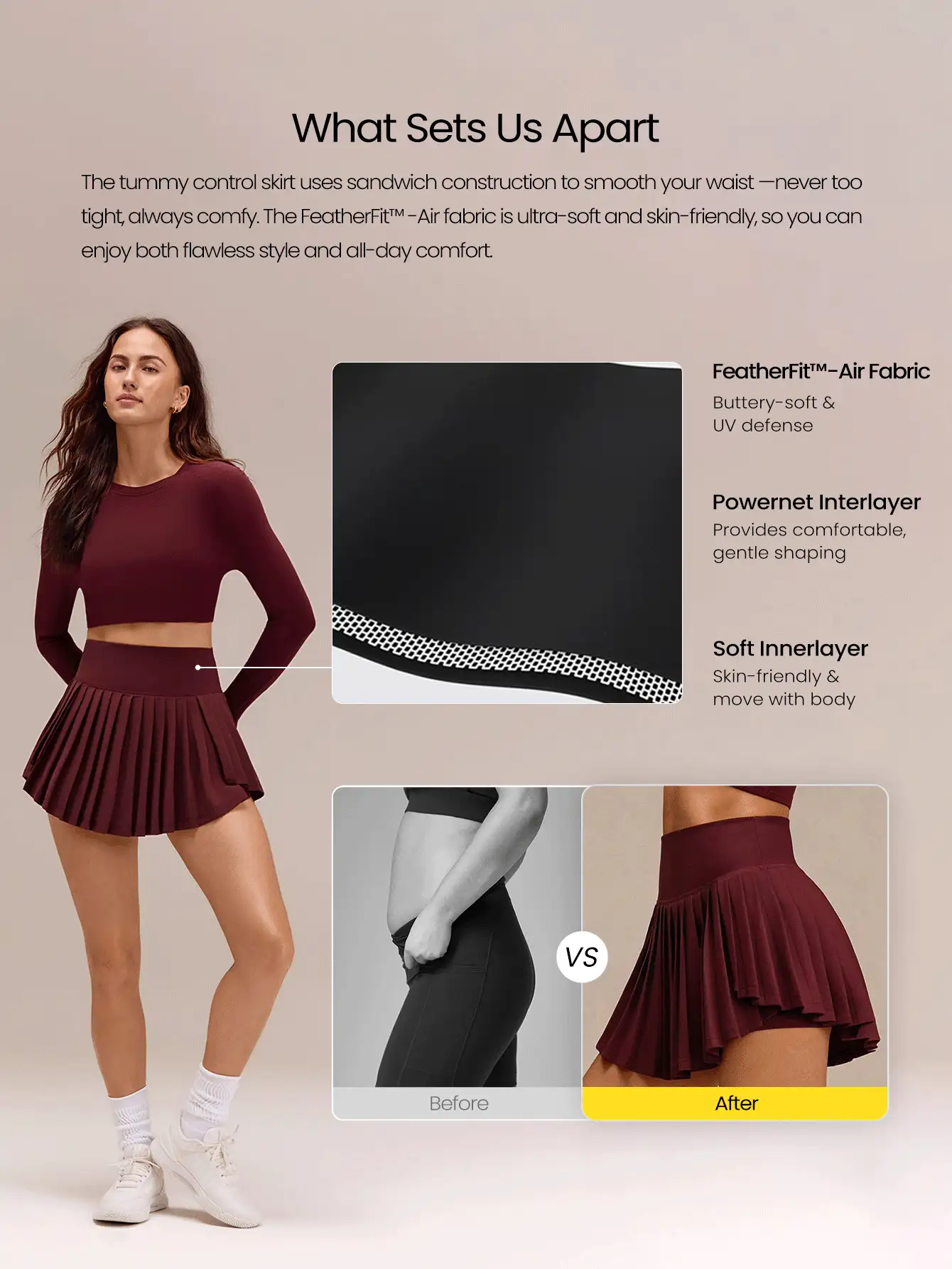 GLOWMODE Váy tennis xếp ly Ace Flex kiểm soát vòng bụng với quần short tích hợp và túi bên hông, thích hợp cho tennis, golf và mặc hàng ngày. - Màu Đỏ Sâu - Xem 2