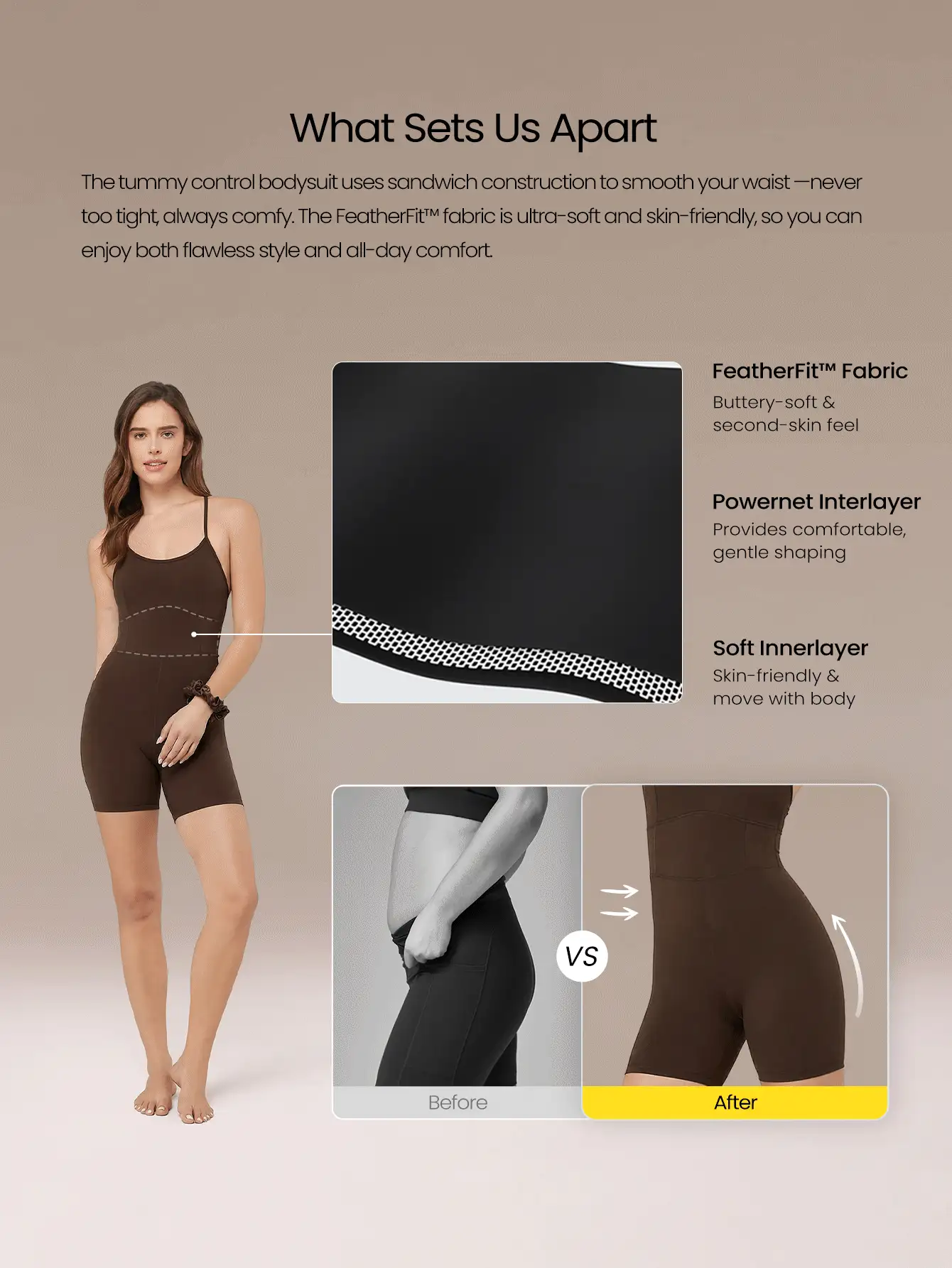 SHEIN GLOWMODE X Marika Sila 6英寸 FeatherFit™ 塑身连体衣，可调节肩带，适合收腹、低强度运动、瑜伽等日常穿着，夏季款 - 巧克力棕 - 查看 2