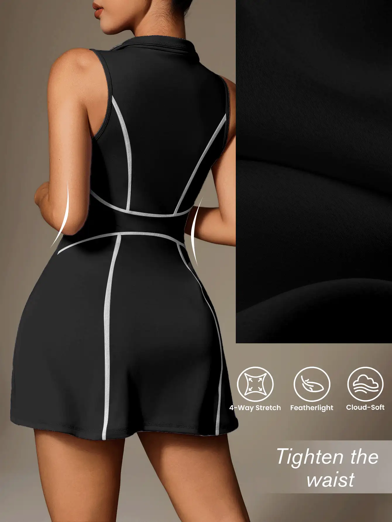 CourtClass CourtClass 2 件套女式运动连衣裙,瑜伽开衩性感 Polo 领半拉链汗衫,带口袋和紧身裤,户外休闲通勤装 - 黑色 - 查看 3