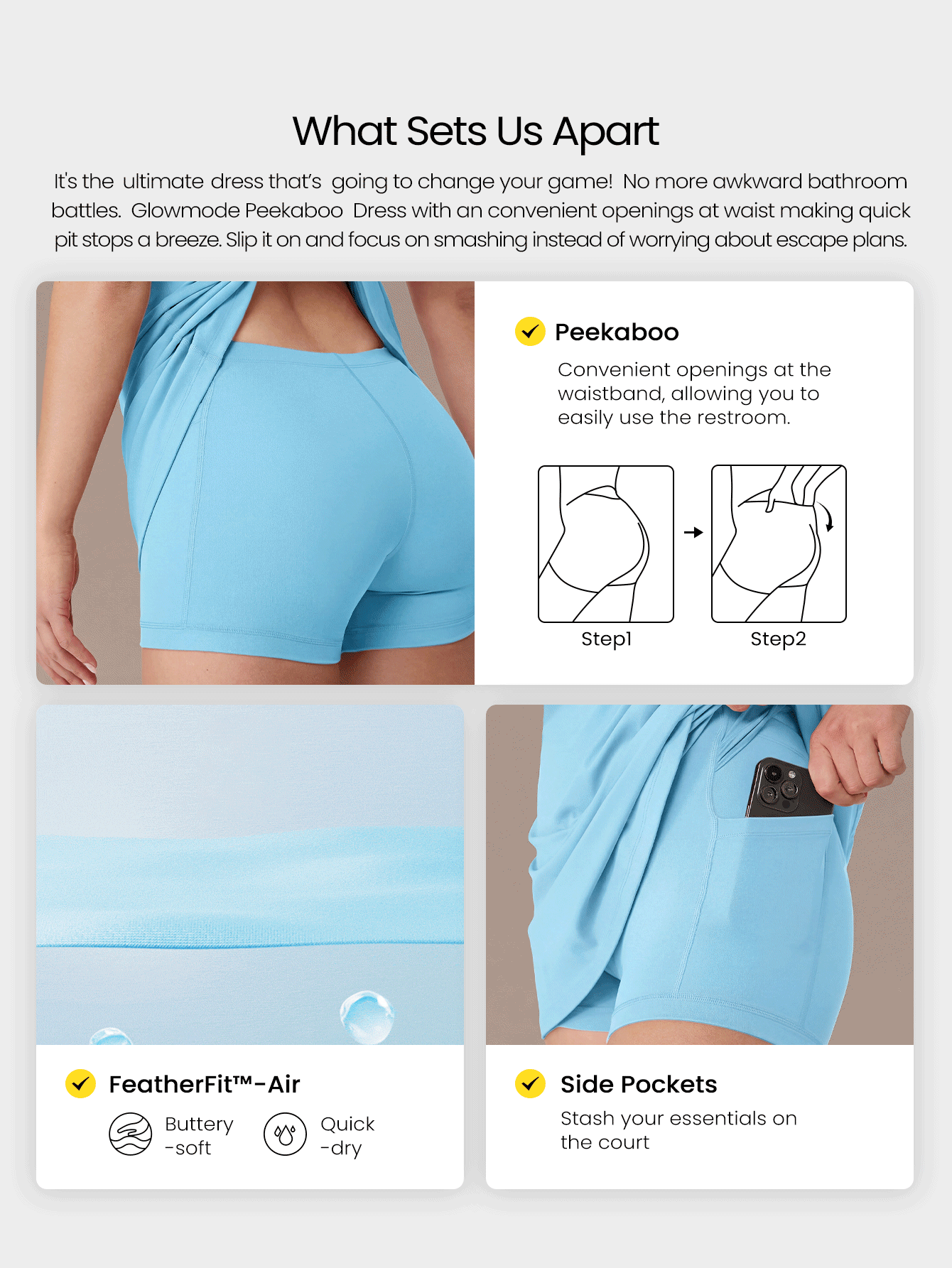 FeatherFit™-Air Peekaboo 日常内置短裤口袋防滑连衣裙 轻度支撑 低冲击瑜伽工作室春季连衣裙 夏季速干吸湿排汗 - Breezy Blue - 查看 2