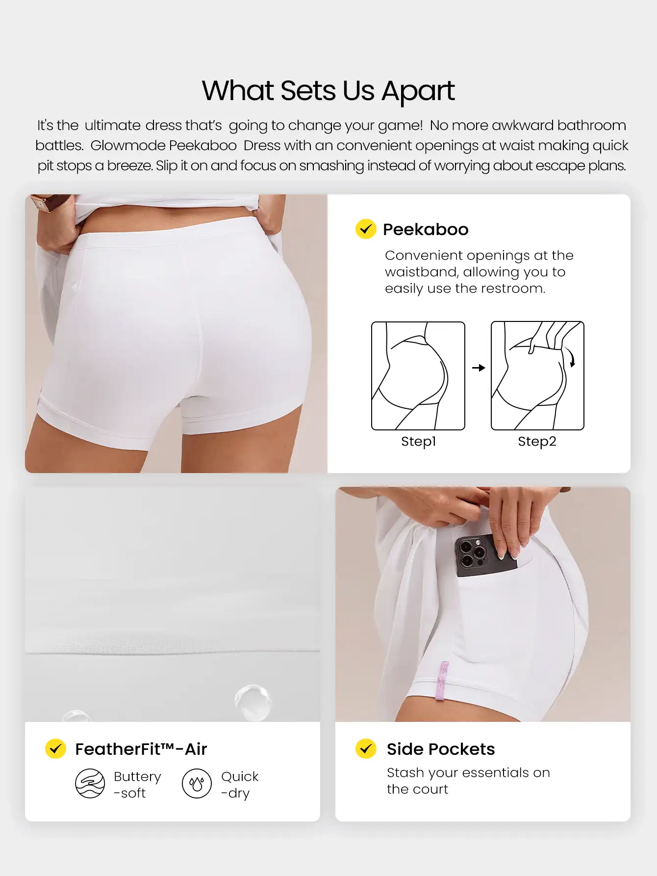 GLOWMODE FeatherFit™-Air 露肩迷你连衣裙，内置短裤，口袋方领，防滑交叉设计，轻度支撑，低冲击，速干吸湿，适合春夏穿着。 - 白色 - 查看 2