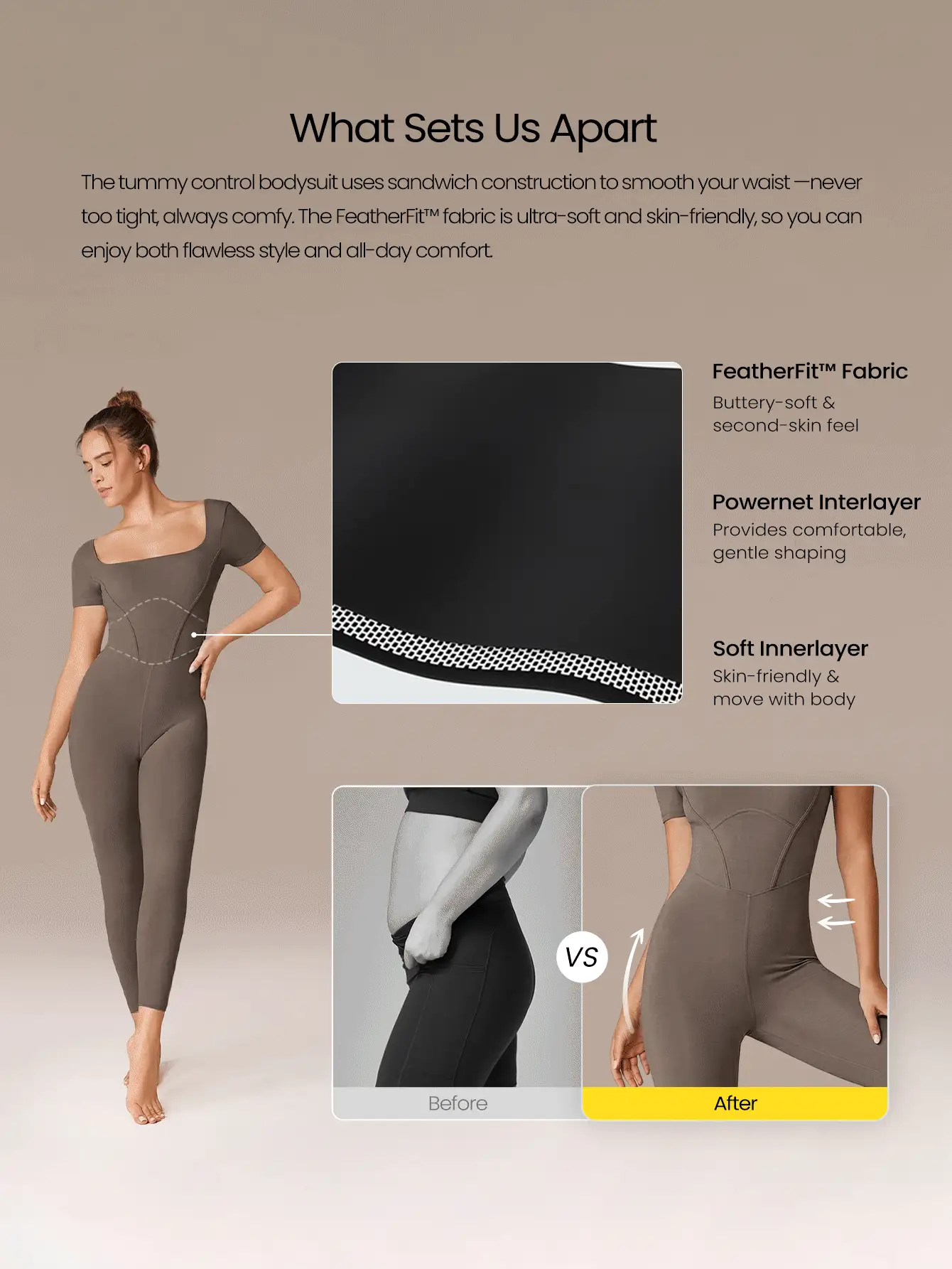 GLOWMODE Mono de cuello cuadrado con control de abdomen FeatherFit™ de 24" con espalda en U, de bajo impacto, para yoga y uso diario, con copas desmontables - Marrón - Ver 2