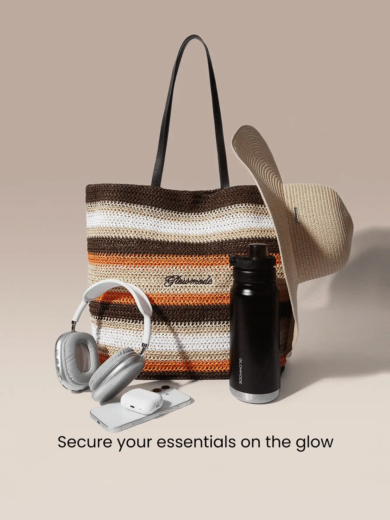 GLOWMODE Túi tote lớn 16L bằng vải dệt Papyrus, nhẹ, thoáng khí, có khóa kéo và ngăn phụ, khóa nam châm, thích hợp cho các hoạt động ngoài trời, kỳ nghỉ, đi biển. - màu nâu - Xem 2