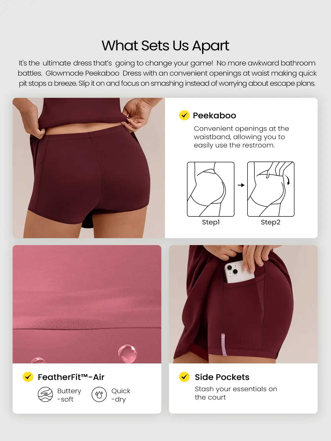 GLOWMODE FeatherFit™-Air Peekaboo Everyday Built-In Shorts Pocket Anti-Slip Dress Yoga Studio Spring Summer Quick Dry Moisture Wicking - Burgundy - View 2