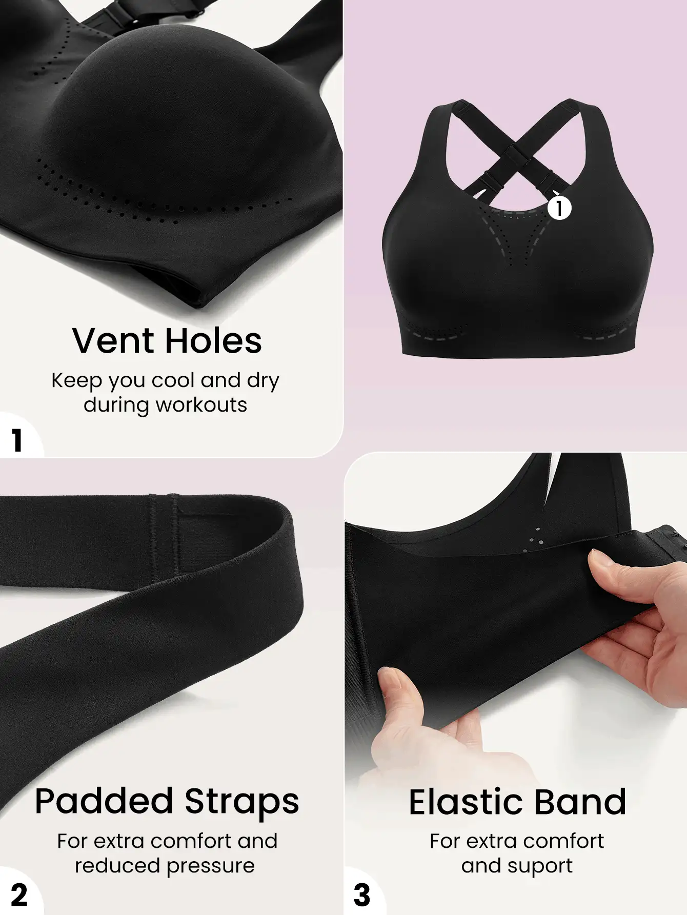 GLOWMODE 中等支撐黑色可變形背帶全覆蓋運動胸罩瑜珈大碼運動胸罩 - 黑色 - 查看 5