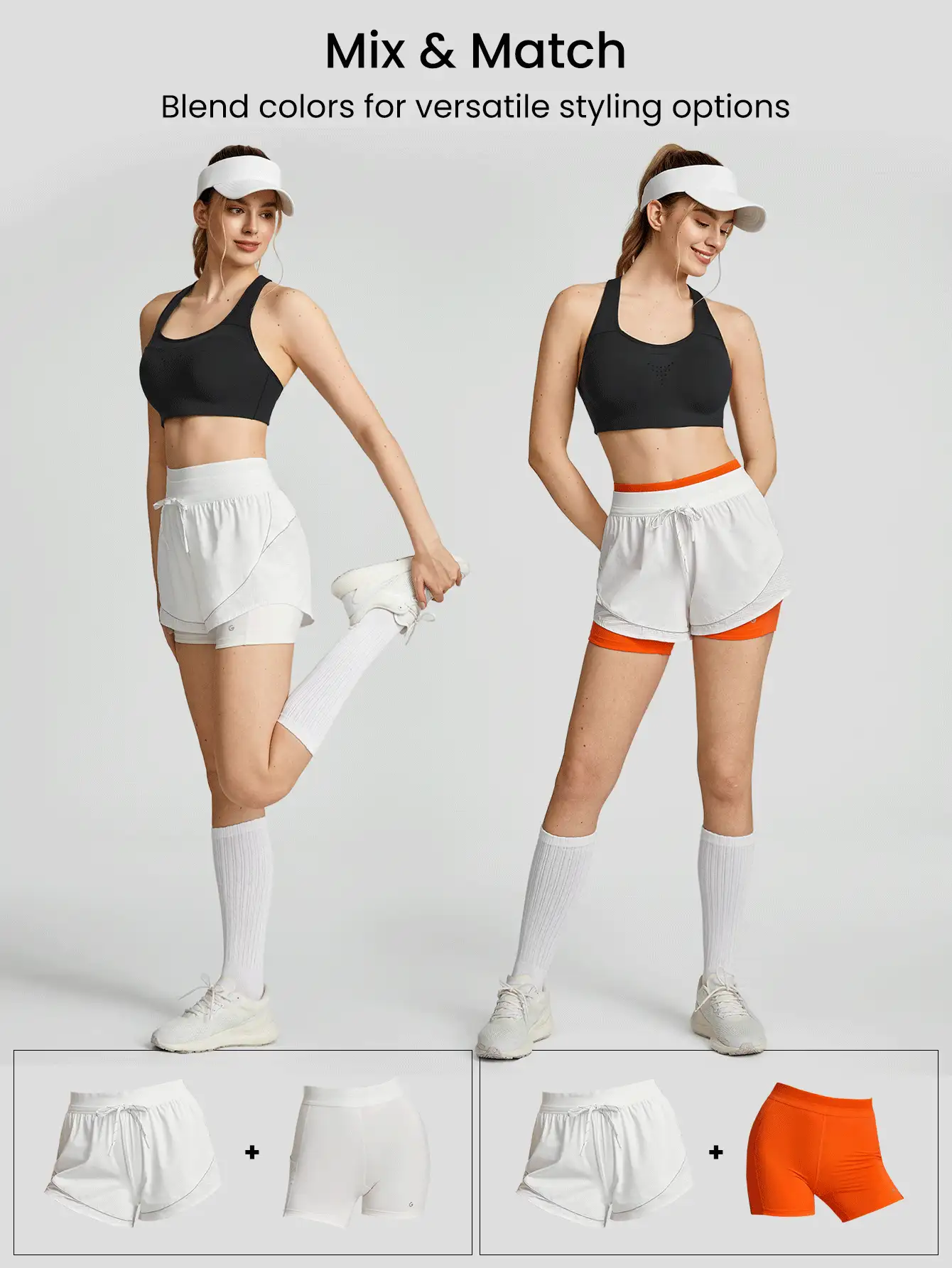 GLOWMODE VitalSwift快干2合1跑步短褲，透氣除臭反光可拆式分層短褲，適用於高強度運動場所，夏季體育館鍛煉 - 白色 - 查看 2