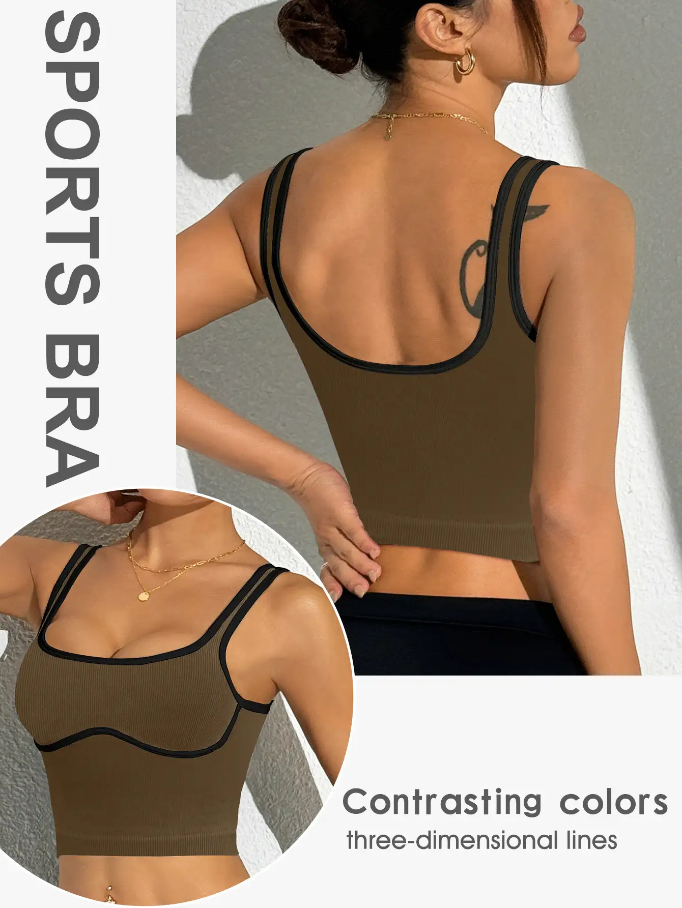 Slayform Women's Contrast Binding Cropped Sports Tank Top, Suitable For Yoga, Cycling, Tennis - Cocoa - View 2