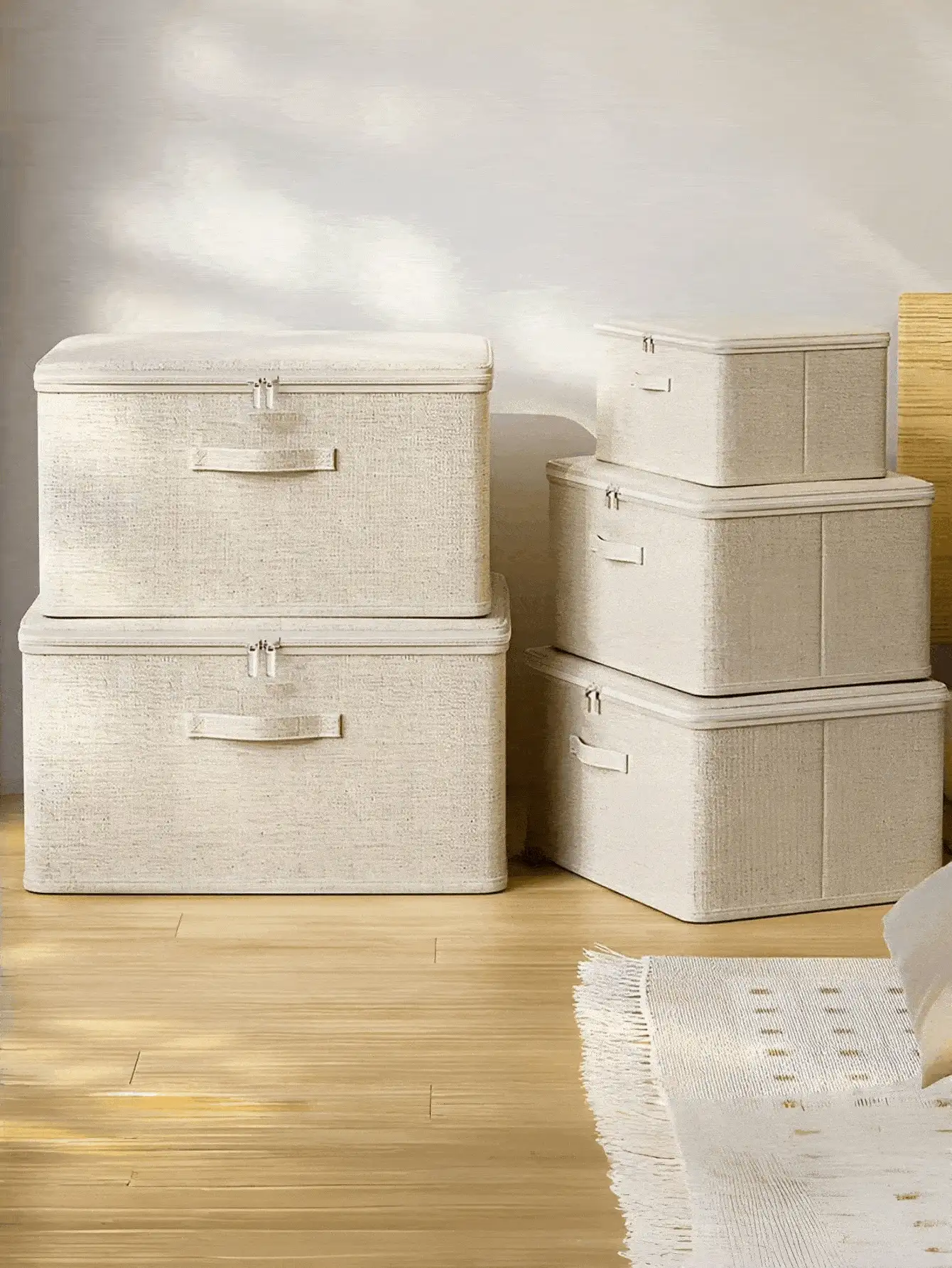 带盖可折叠收纳箱，防水袋，可用于整理衣物、玩具，米色亚麻布面料，加厚PP板，可堆叠，防刮擦，适合收纳床上用品、牛仔裤、卧室装饰品，家居收纳及季节性装饰，秋季礼物 - 米色 - 查看 3