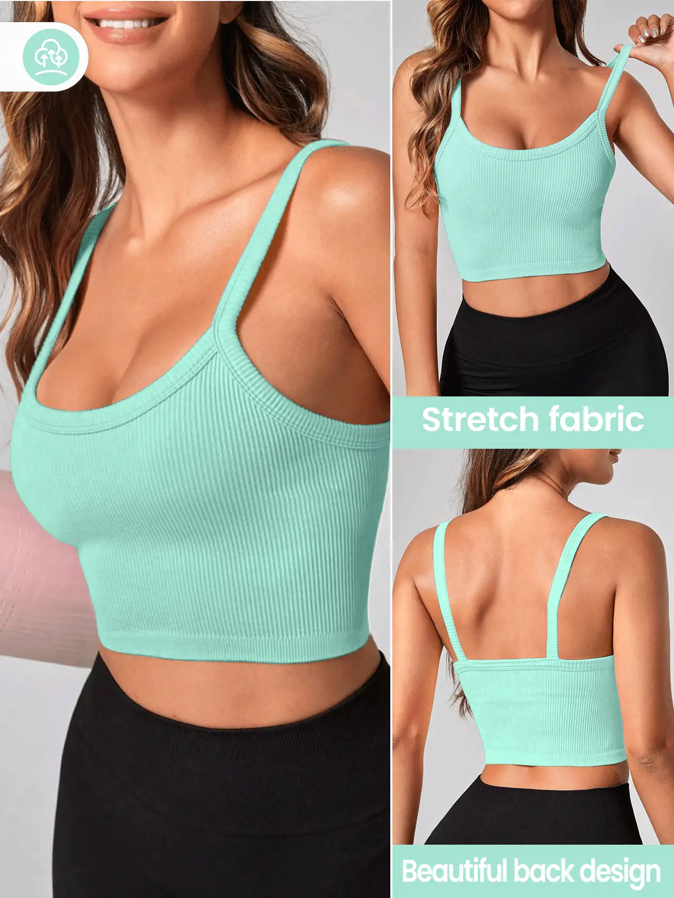 Easithlete Easithlete Tank Top Olahraga Kasual Serbaguna Wanita Warna Polos dengan Motif Garis-garis, Cocok untuk Lari & Kebugaran - Hijau - View 2