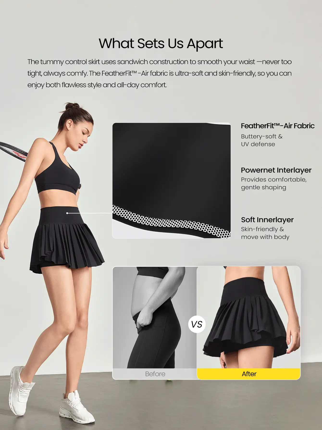 GLOWMODE Ace Flex Tummy Control Pleated Tennis Skirt With Built-In Shorts Side Pockets Tennis Golf Daily Spring  Spring Summer - Black - View 2