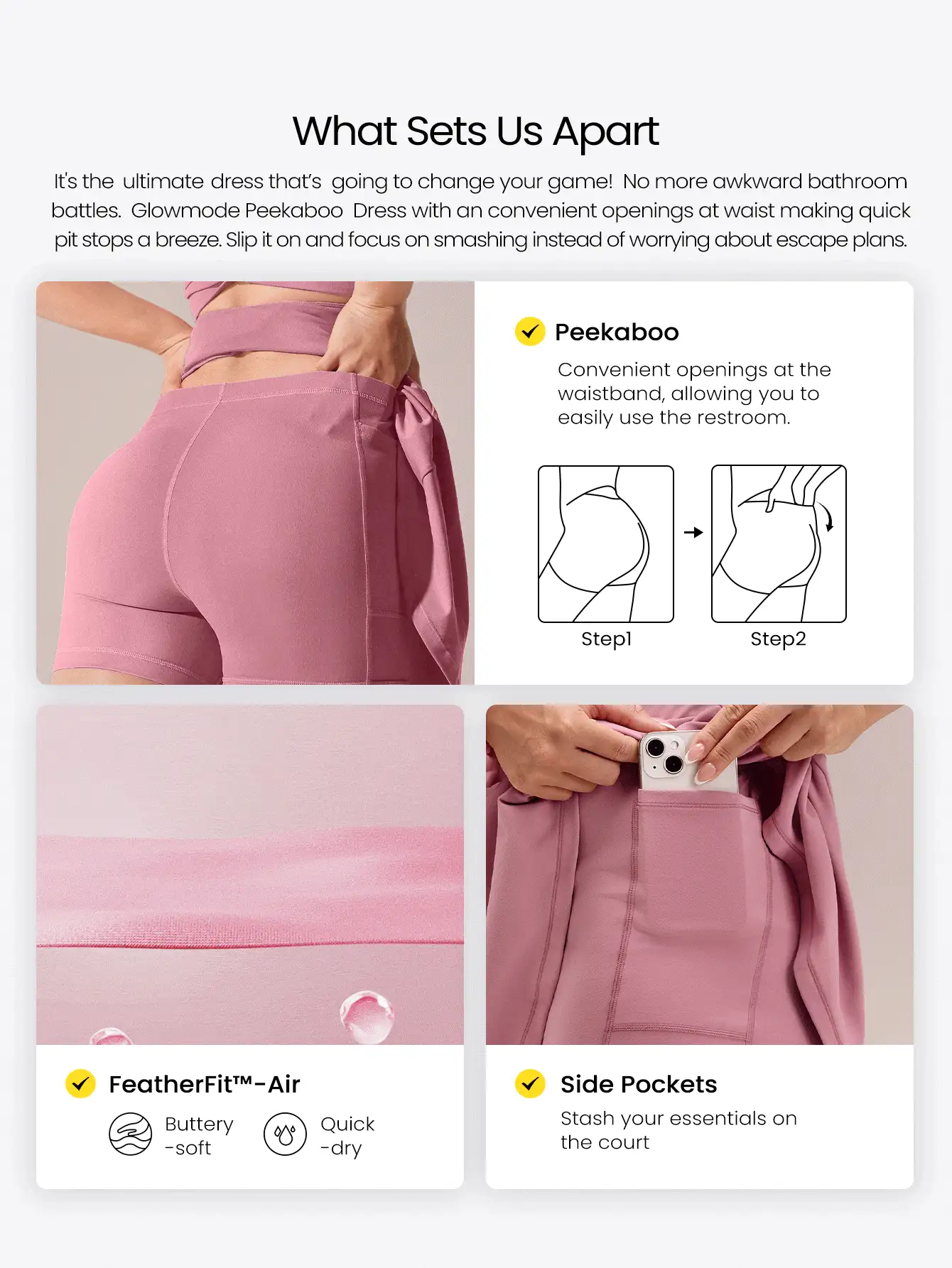 FeatherFit™-Air Spieleset A-Linie mit eingebauter Peekaboohose, geknoteter Tasche, Trägerkleid mit geringer Belastung für den täglichen Sommer, schnelltrocknend und feuchtigkeitsableitend