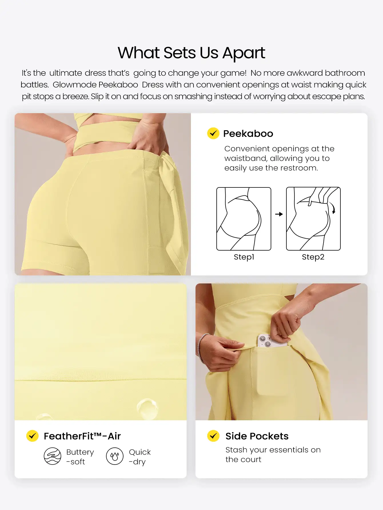 GLOWMODE FeatherFit™-Air 游戏套装 A 字型内置露背短款打结口袋吊带连衣裙 低强度日常夏季速干吸湿排汗 - French Vanilla - 查看 2