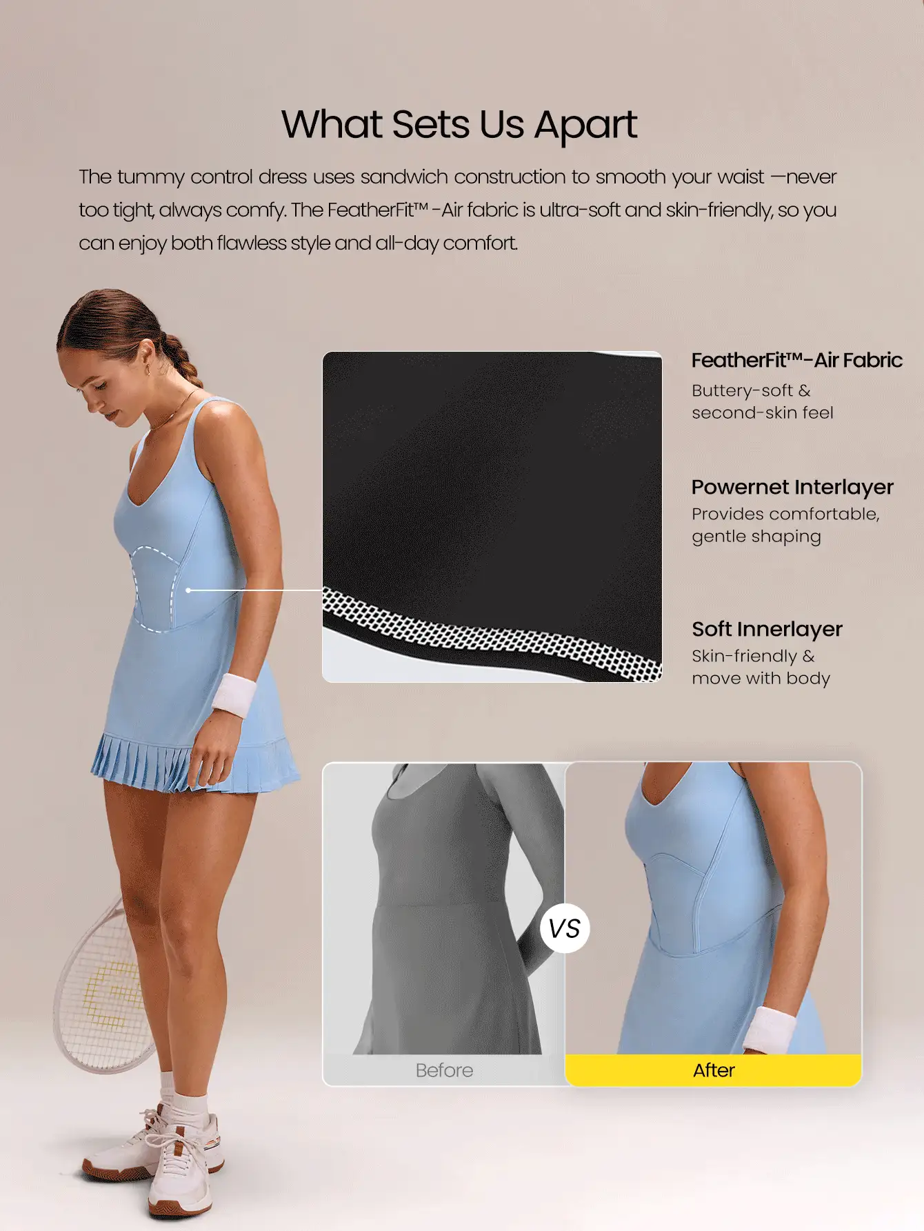 GLOWMODE Váy ngắn xếp ly FeatherFit™-Air Double Time mềm mại như bơ, co giãn, thấm hút mồ hôi, có quần short bên trong, túi hai bên, đế chống trượt và định hình vòng ba, kiểu áo liền thân hở lưng, thích hợp cho tennis, golf, pickleball, và các hoạt động thường ngày. - Xanh da trời - Xem 5