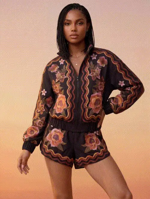 Chaqueta cortavientos con estampado de flores en tapiz - Negro - Ver 5