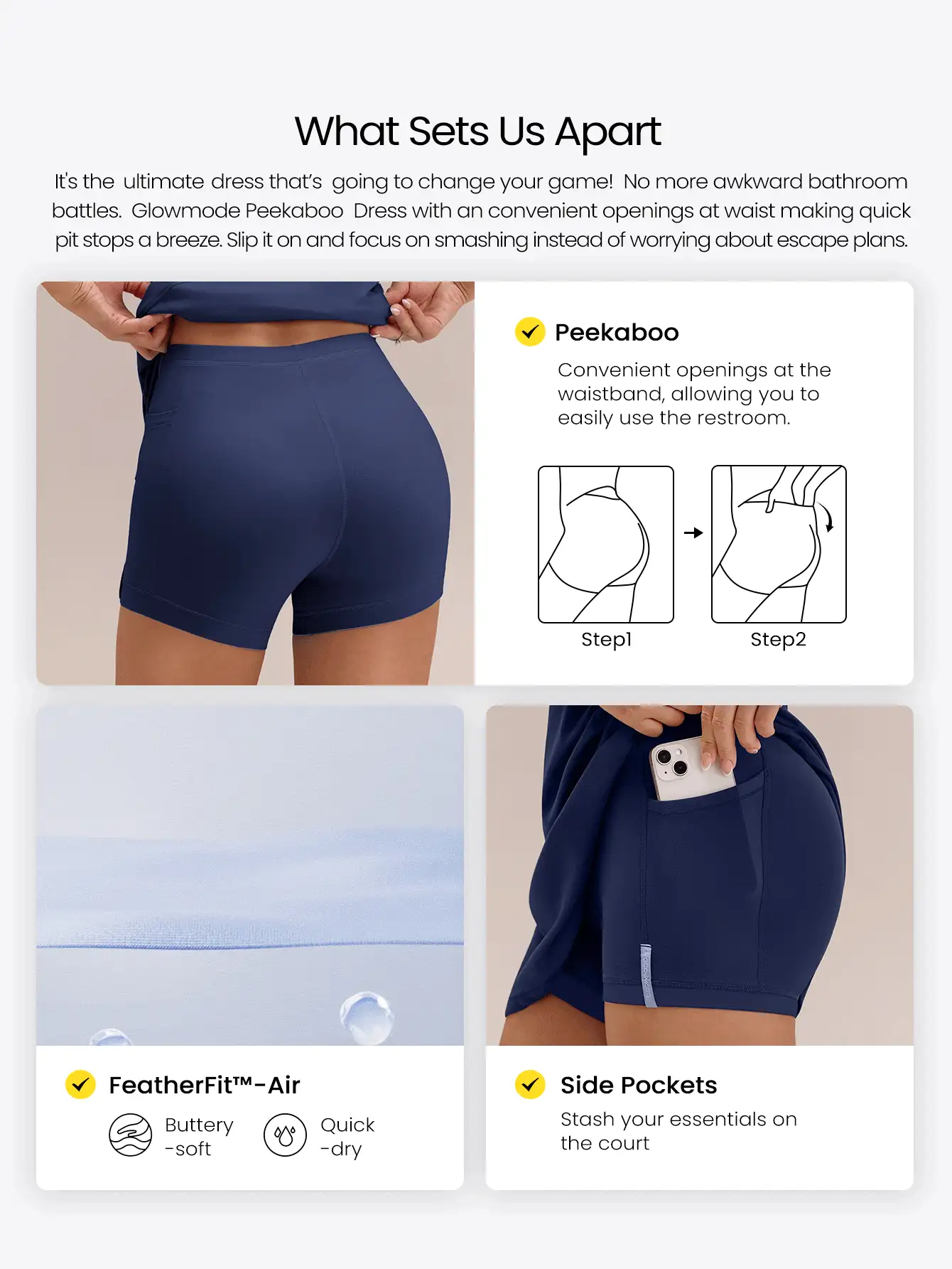 GLOWMODE FeatherFit™-Air Game Set A-Line Built-In Peekaboo Short Knotted Pocket Halter Dress Low Impact Daily Summer Quick Dry Moisture Wicking - Dark Blue - View 2