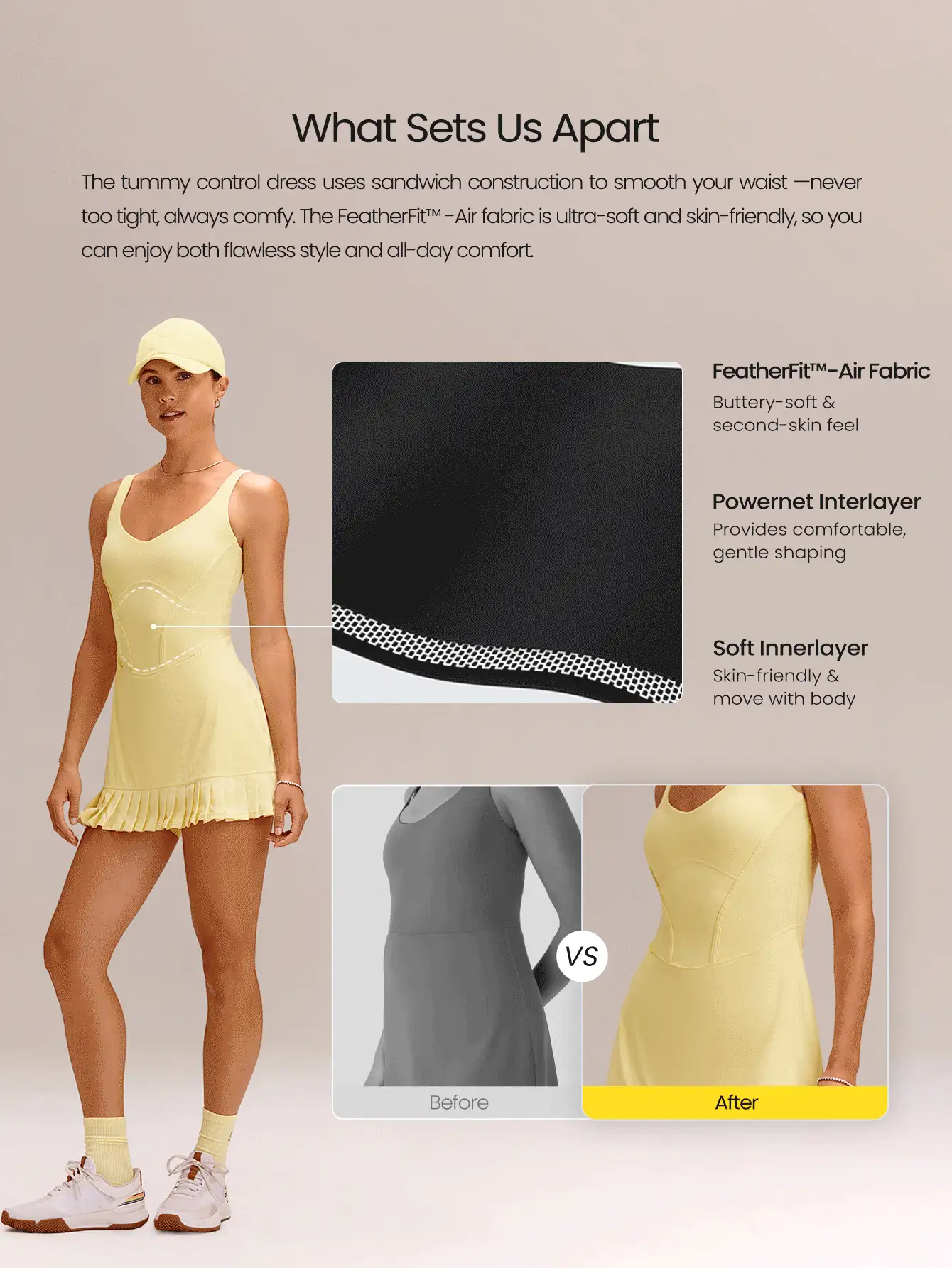 GLOWMODE Váy ngắn xếp ly FeatherFit™-Air Double Time mềm mại như bơ, co giãn, thấm hút mồ hôi, có quần short bên trong, túi hai bên, đế chống trượt và định hình vòng ba, kiểu áo liền thân hở lưng, thích hợp cho tennis, golf, pickleball, và các hoạt động thường ngày. - French Vanilla - Xem 4